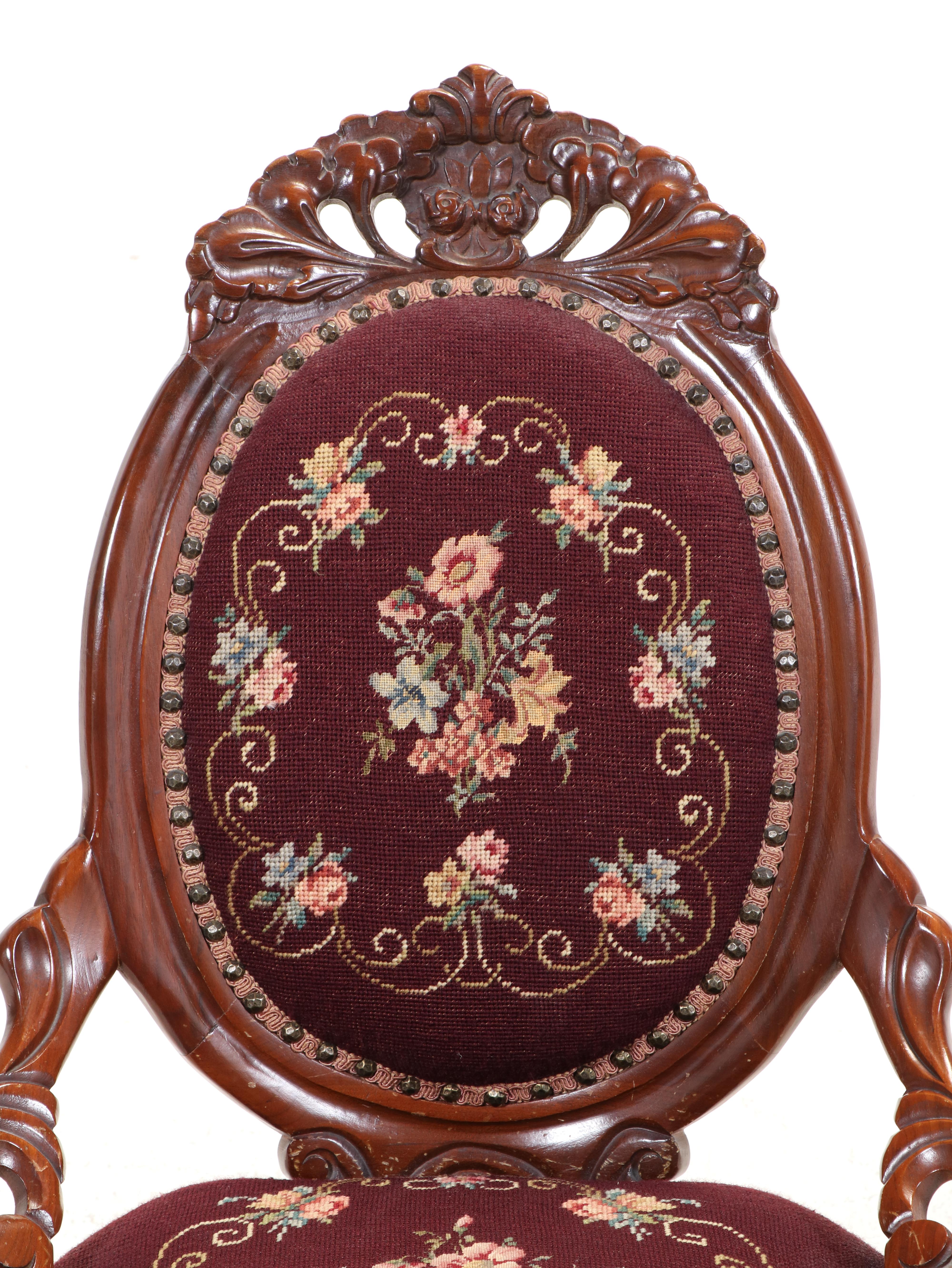Rococo Revival Style Carved Walnut and Needlepoint Parlor Chair
