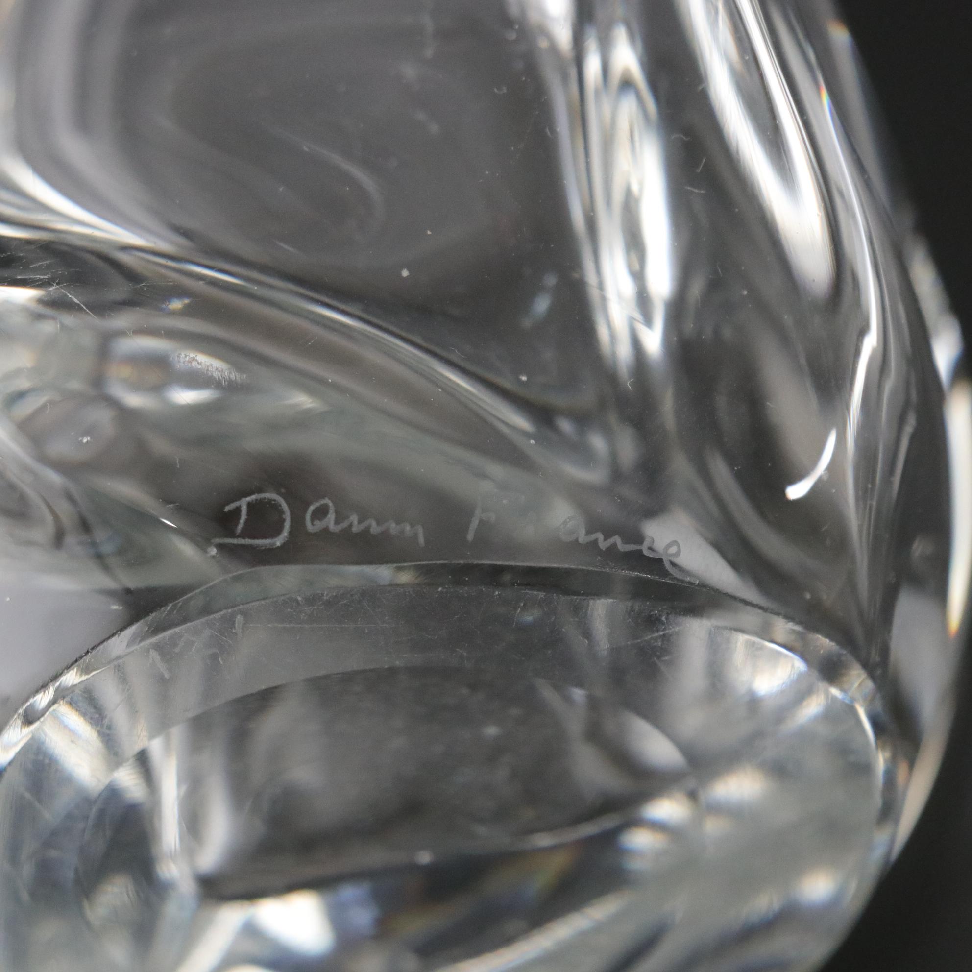 Daum France Crystal Decanter Pair Features Flame Motif Stoppers & Twisted Bases