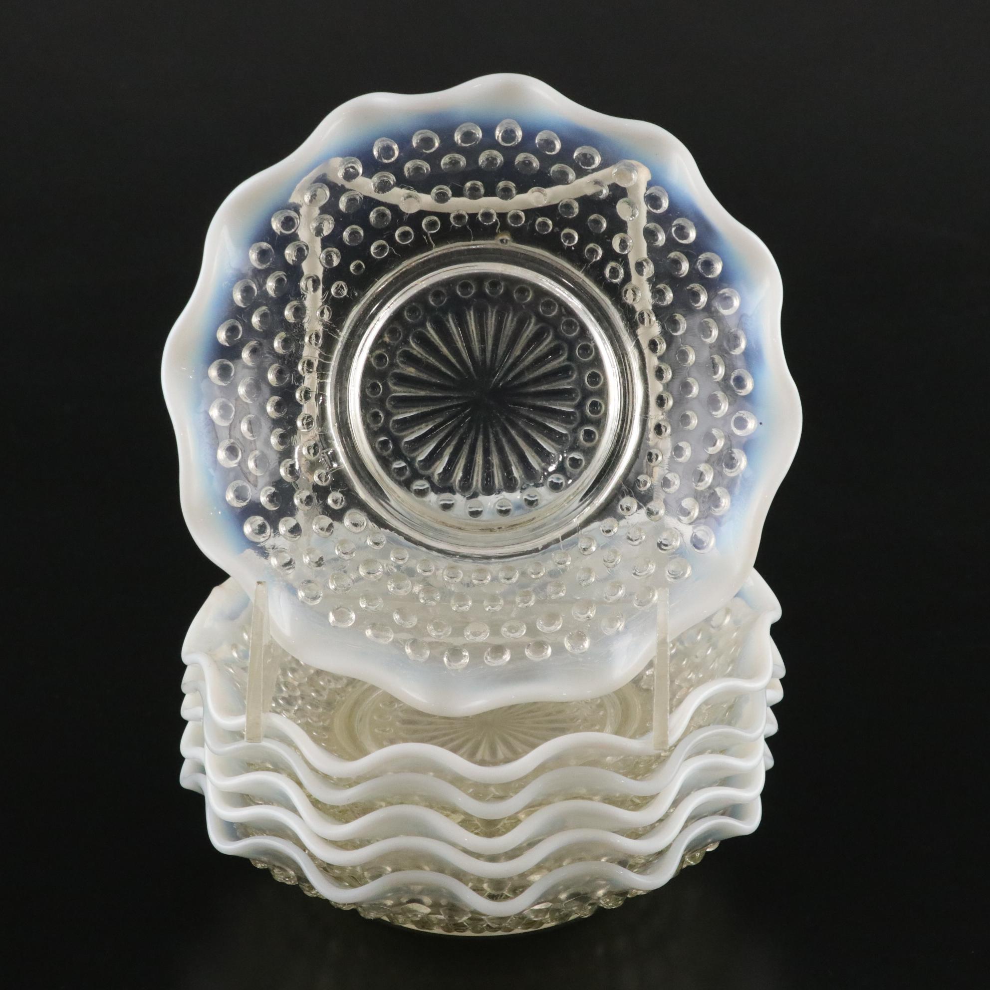 Anchor Hocking Opalescent "Moonstone Hobnail" Seven-Piece Fluted Berry Bowl Set