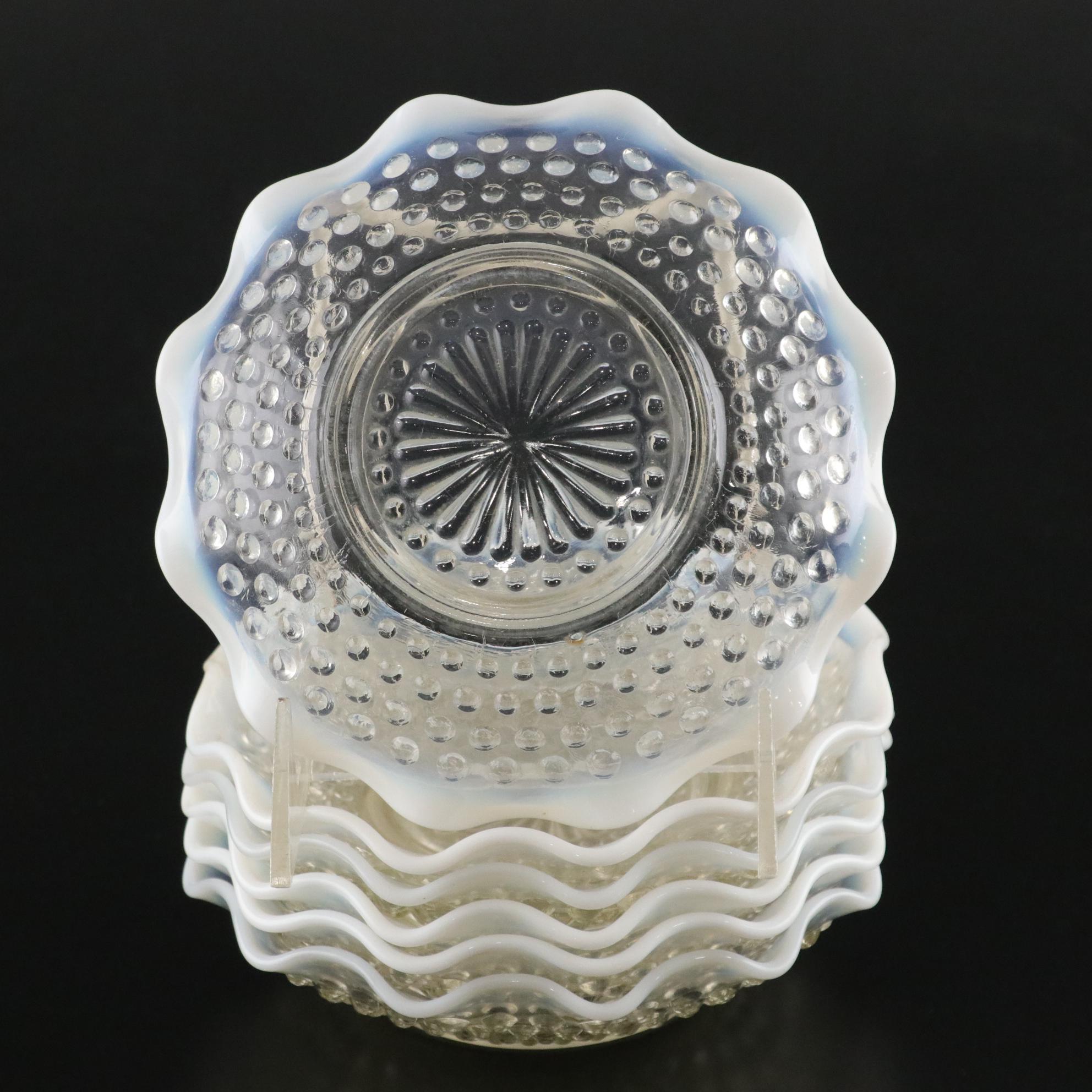 Anchor Hocking Opalescent "Moonstone Hobnail" Seven-Piece Fluted Berry Bowl Set