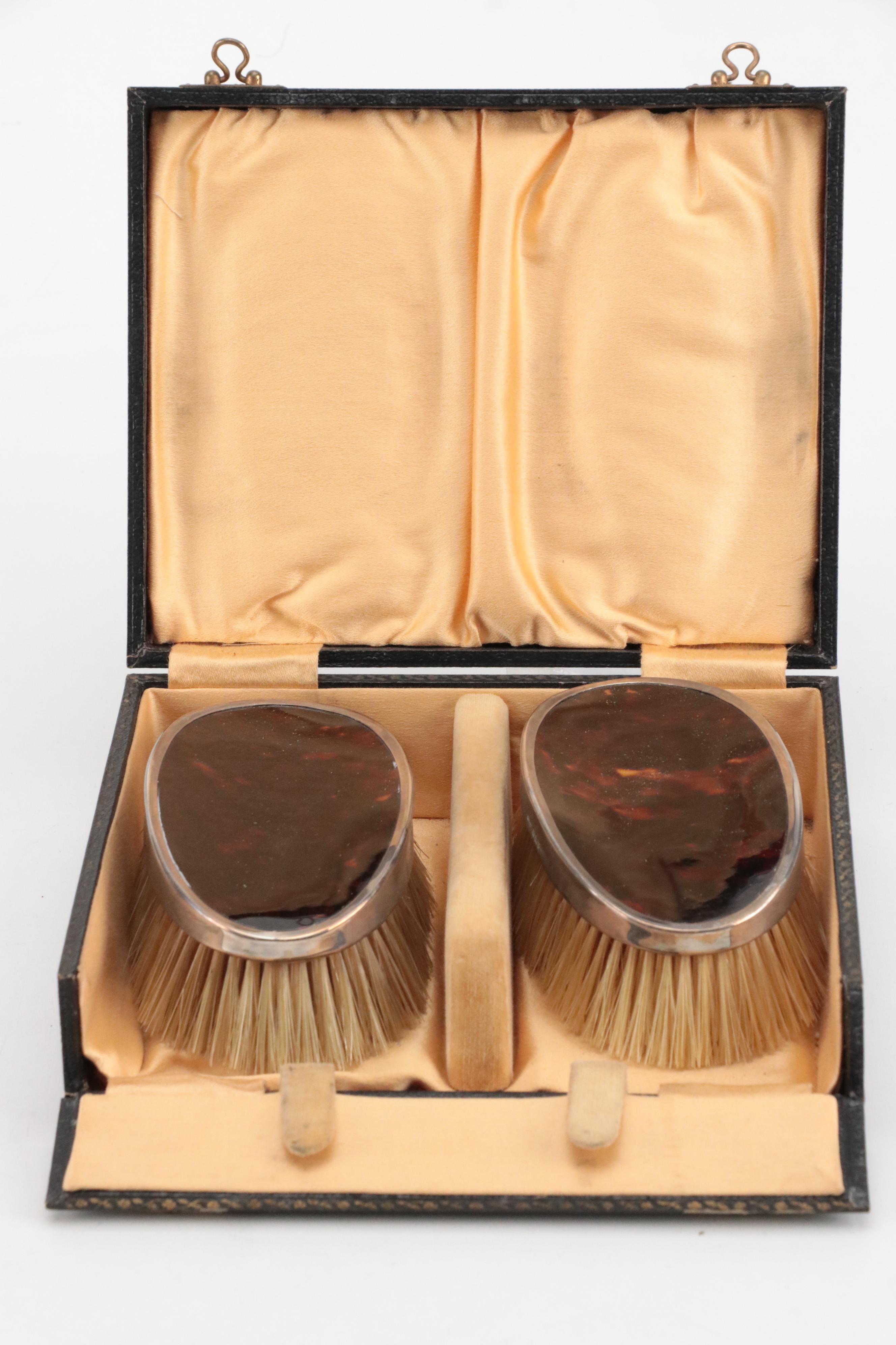 W G Sothers Ltd English Sterling and Tortoiseshell Clothes Brushes w/ Case, 1924
