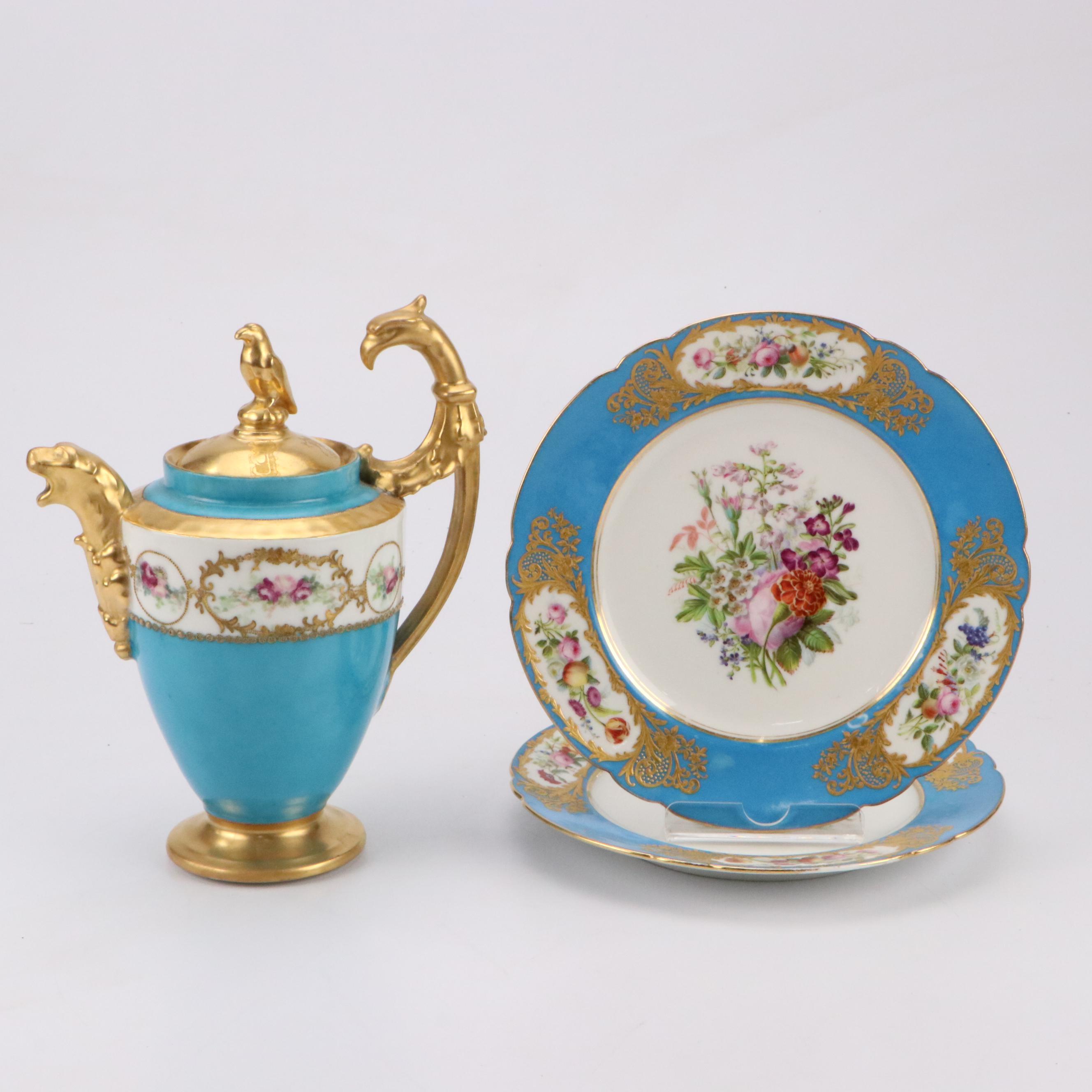 Charles Ahrenfeldt Porcelain Blue Celeste Coffee Pot and Old Paris Style Plates