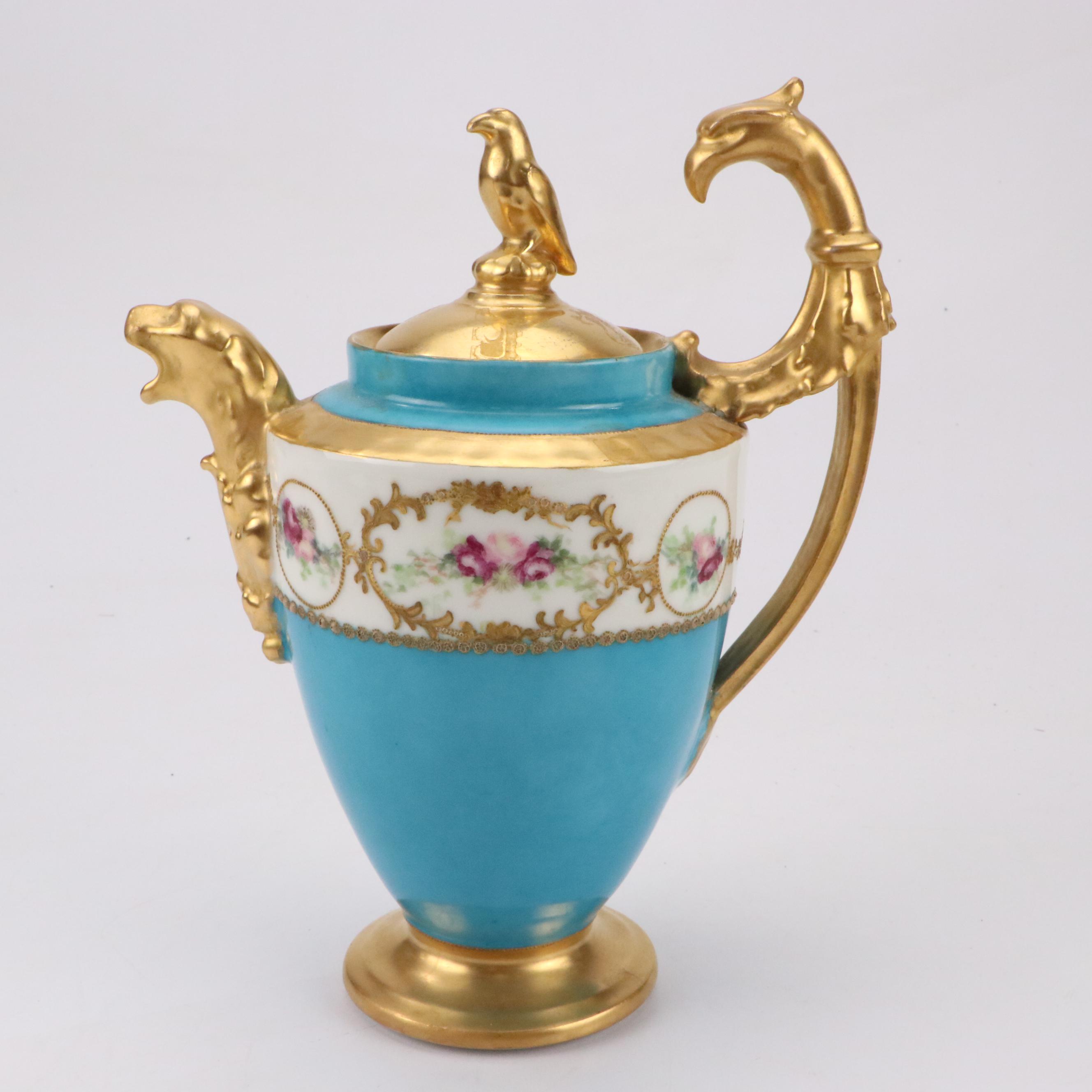 Charles Ahrenfeldt Porcelain Blue Celeste Coffee Pot and Old Paris Style Plates