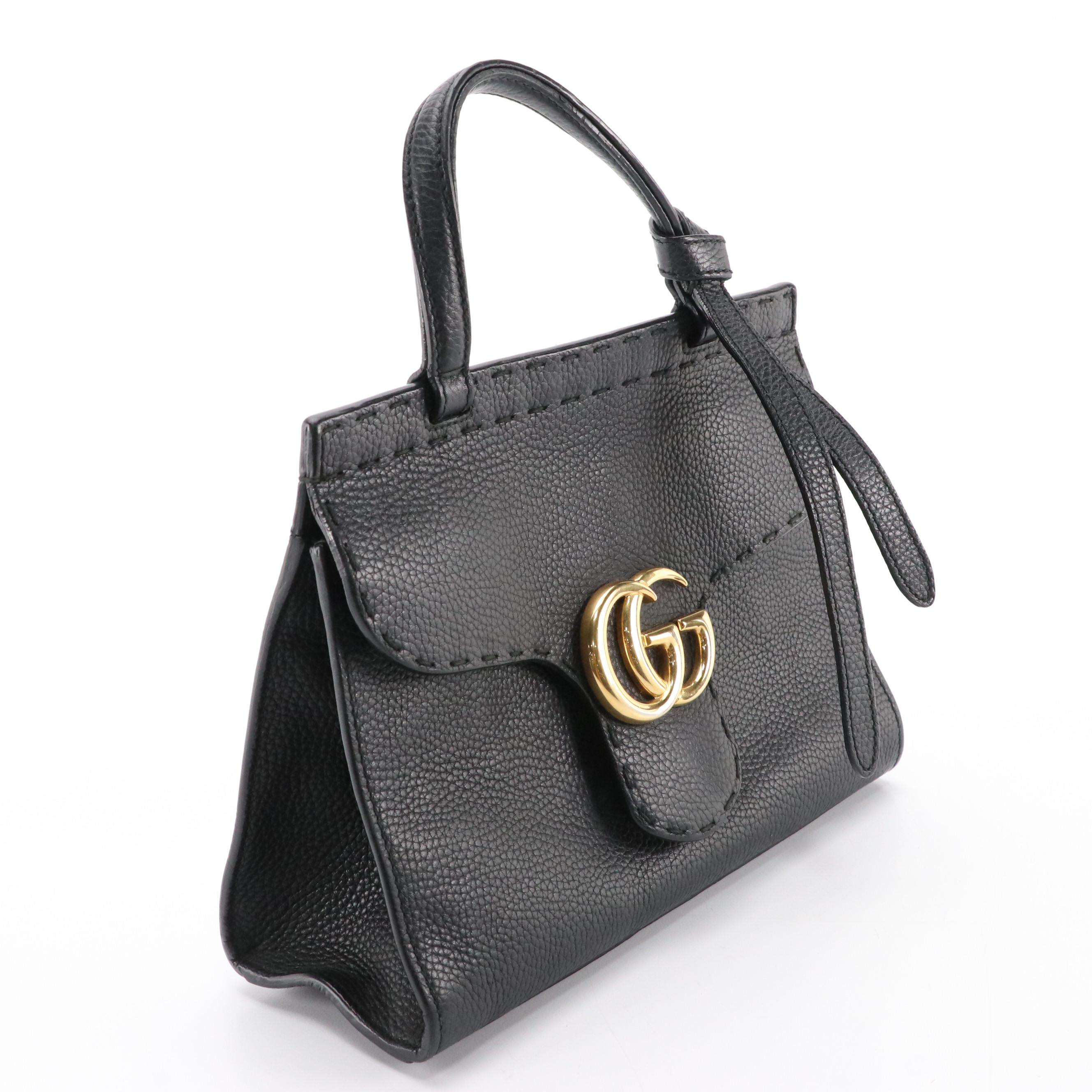 Gucci GG Marmont Top Handle Two-Way Bag in Black Pebble Grained Leather