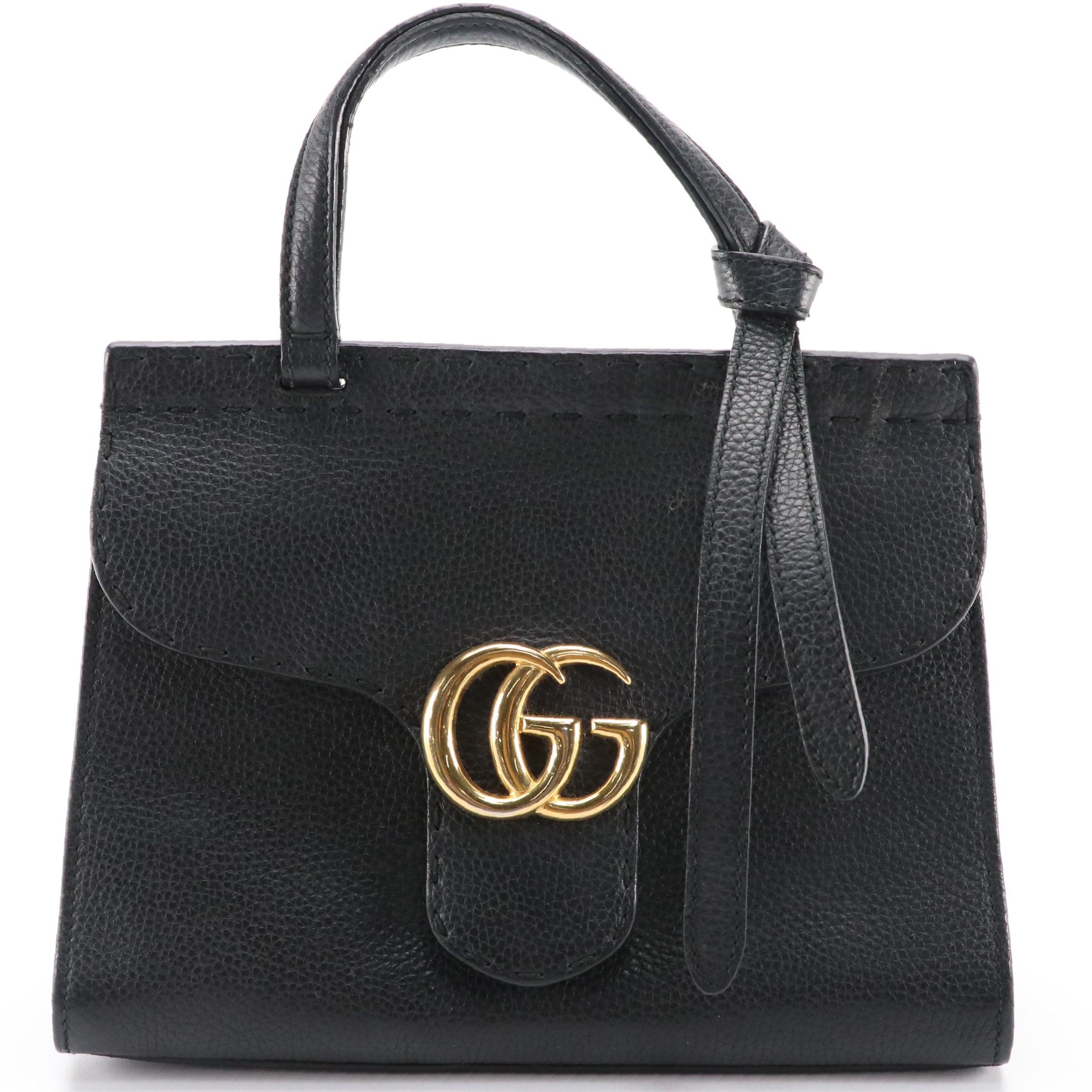 Gucci GG Marmont Top Handle Two-Way Bag in Black Pebble Grained Leather