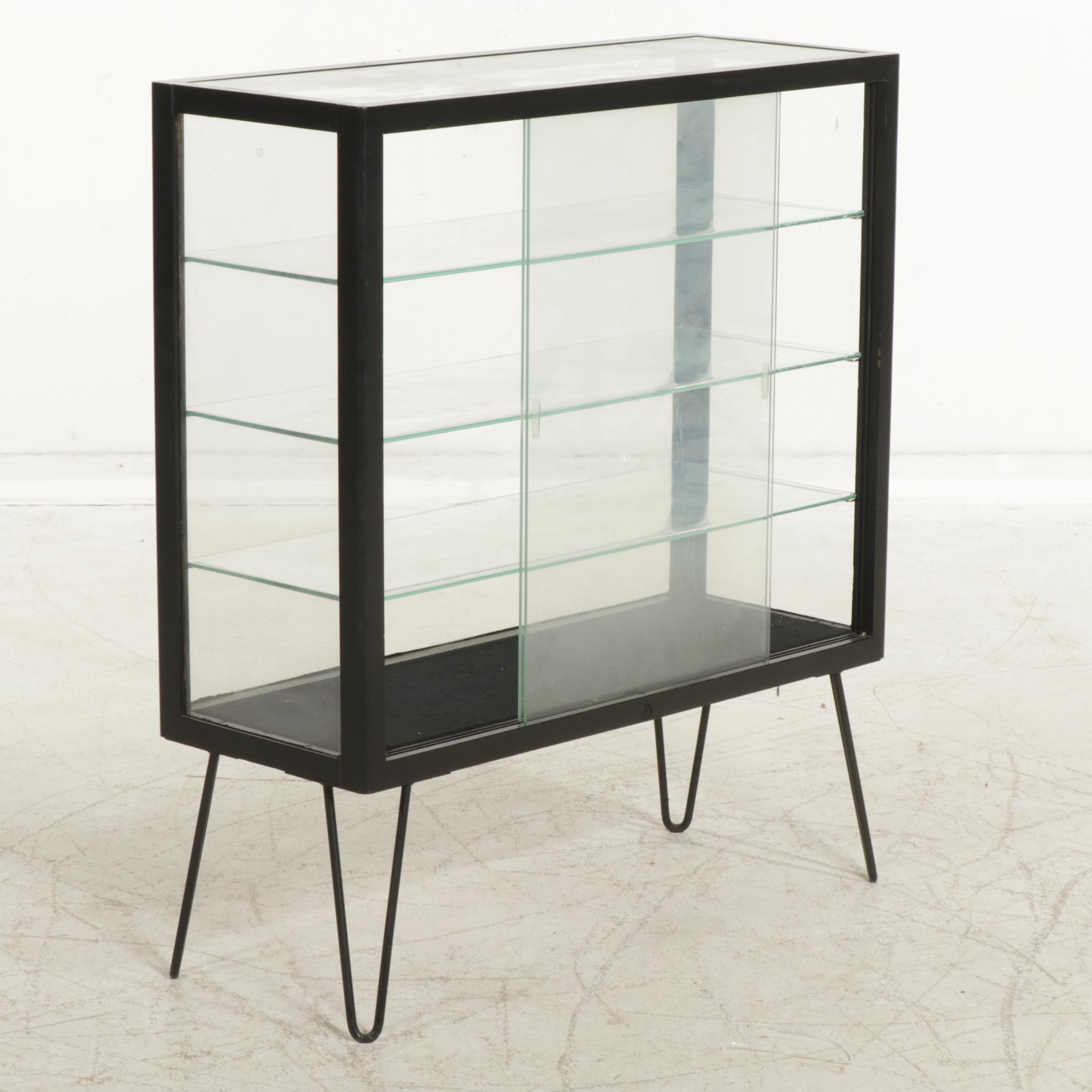 Mid Century Modern Ebonized Wood and Glass Display Case with Hairpin Legs