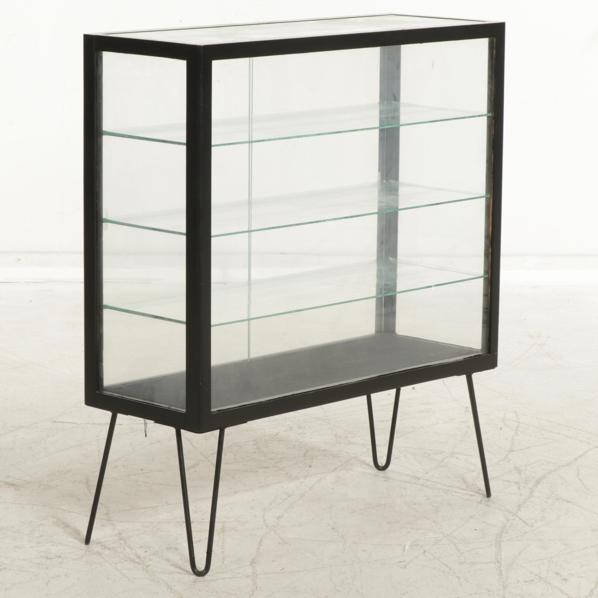 Mid Century Modern Ebonized Wood and Glass Display Case with Hairpin Legs