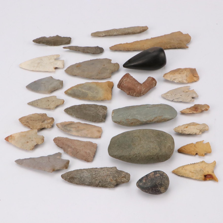 Group of Lithic Points and Tools with Plummet, Celts, a Dalton Point and Others