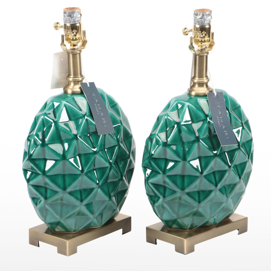 Tahari Home Pair of Ceramic Pineapple Theme Table Lamps, 21st Century
