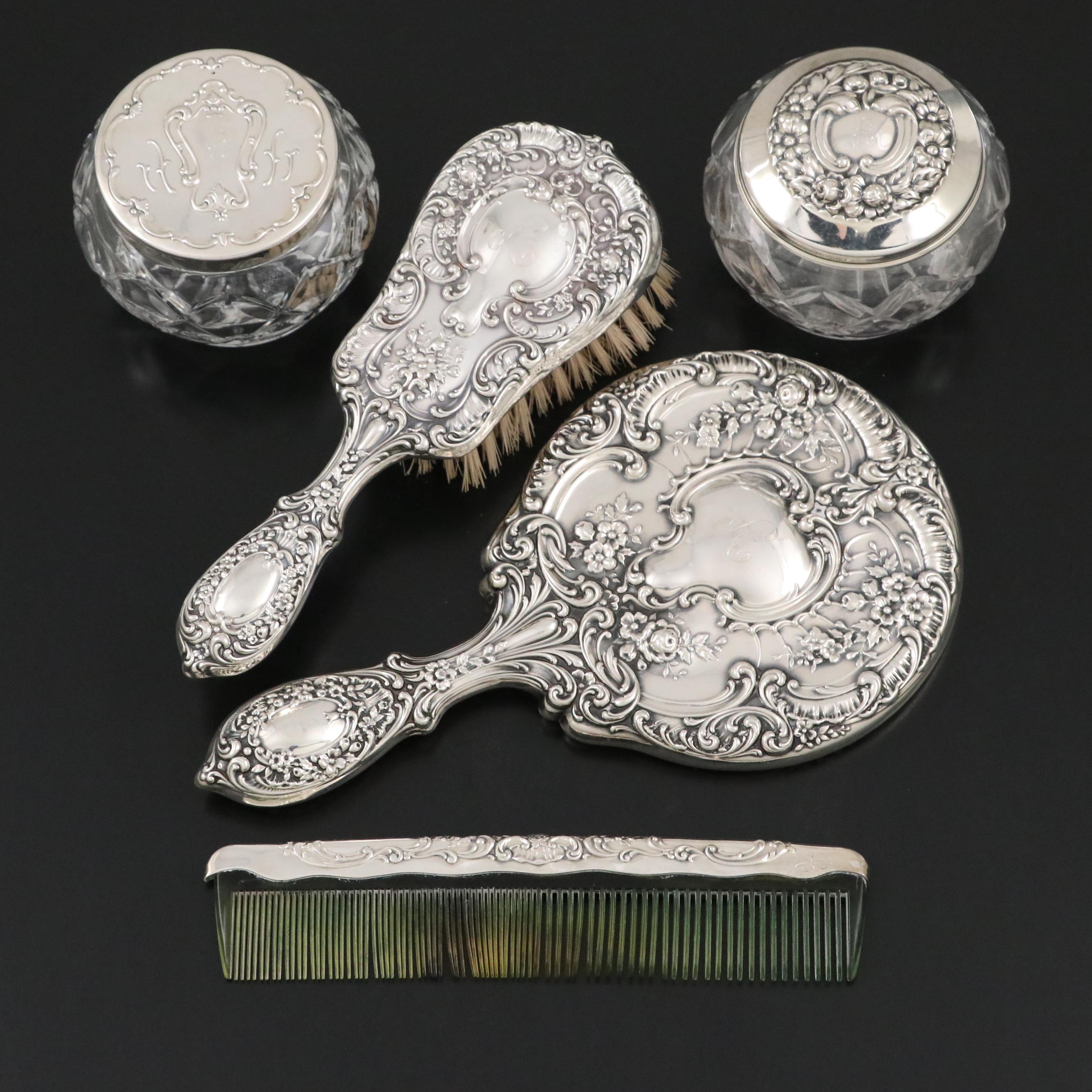Gorham "Victorian" Sterling Hand Mirror, Brush, Comb, and Crystal Vanity Jars