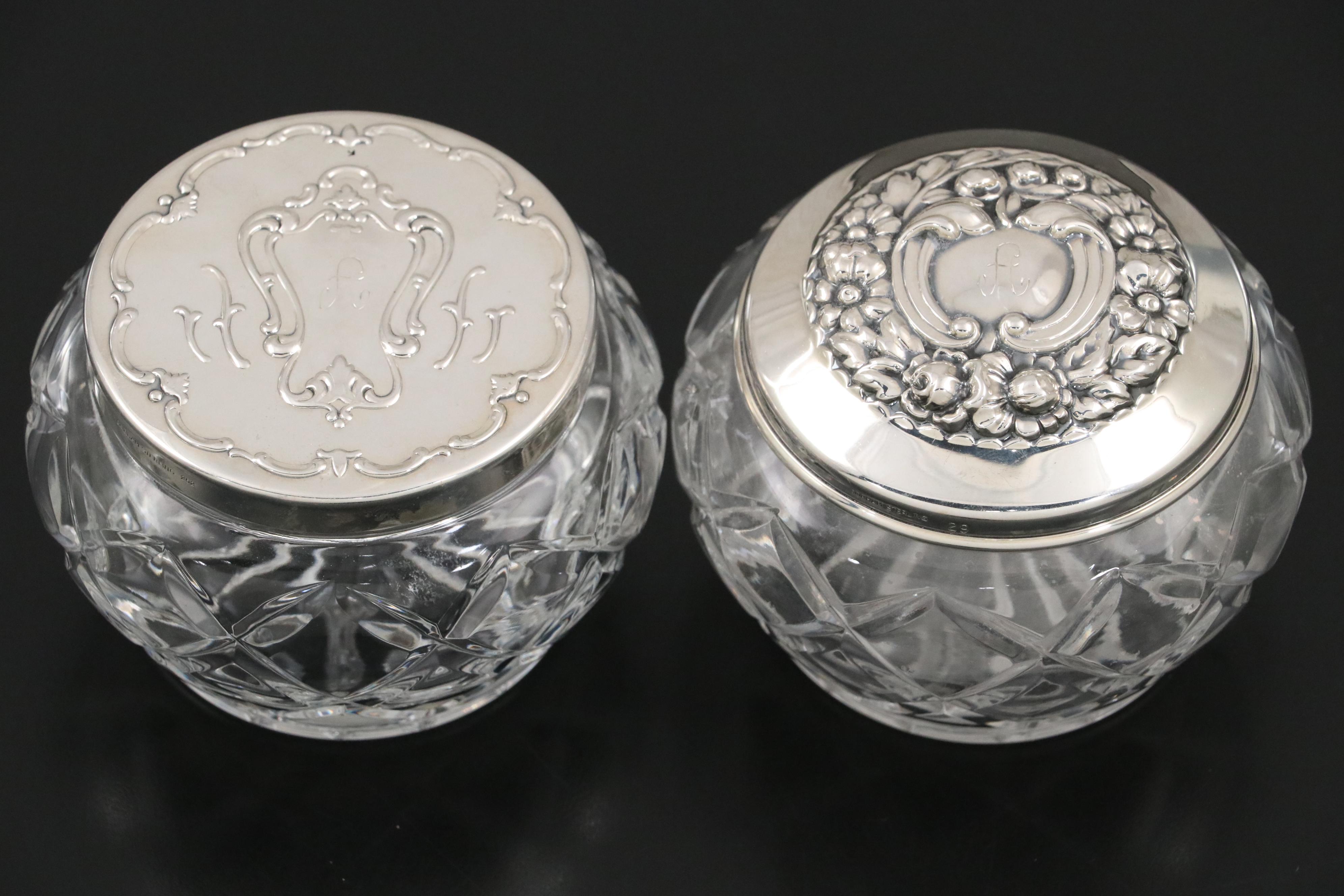 Gorham "Victorian" Sterling Hand Mirror, Brush, Comb, and Crystal Vanity Jars