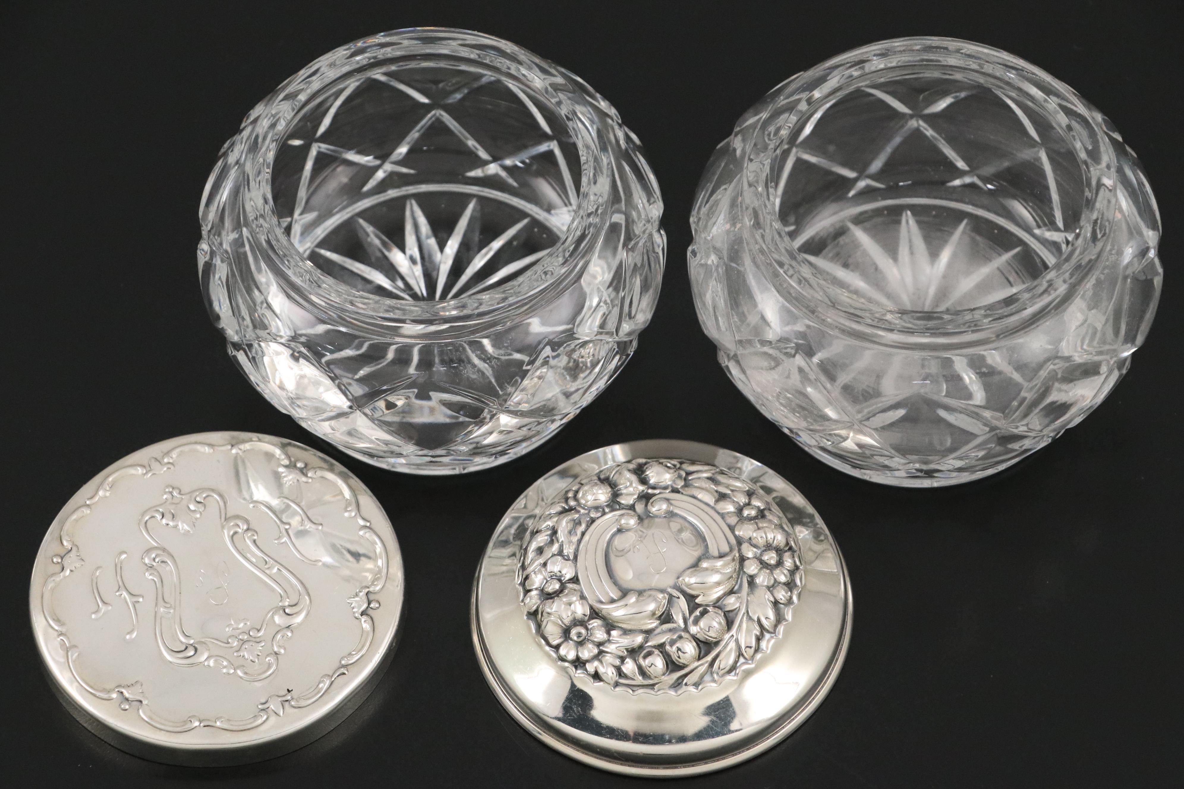 Gorham "Victorian" Sterling Hand Mirror, Brush, Comb, and Crystal Vanity Jars