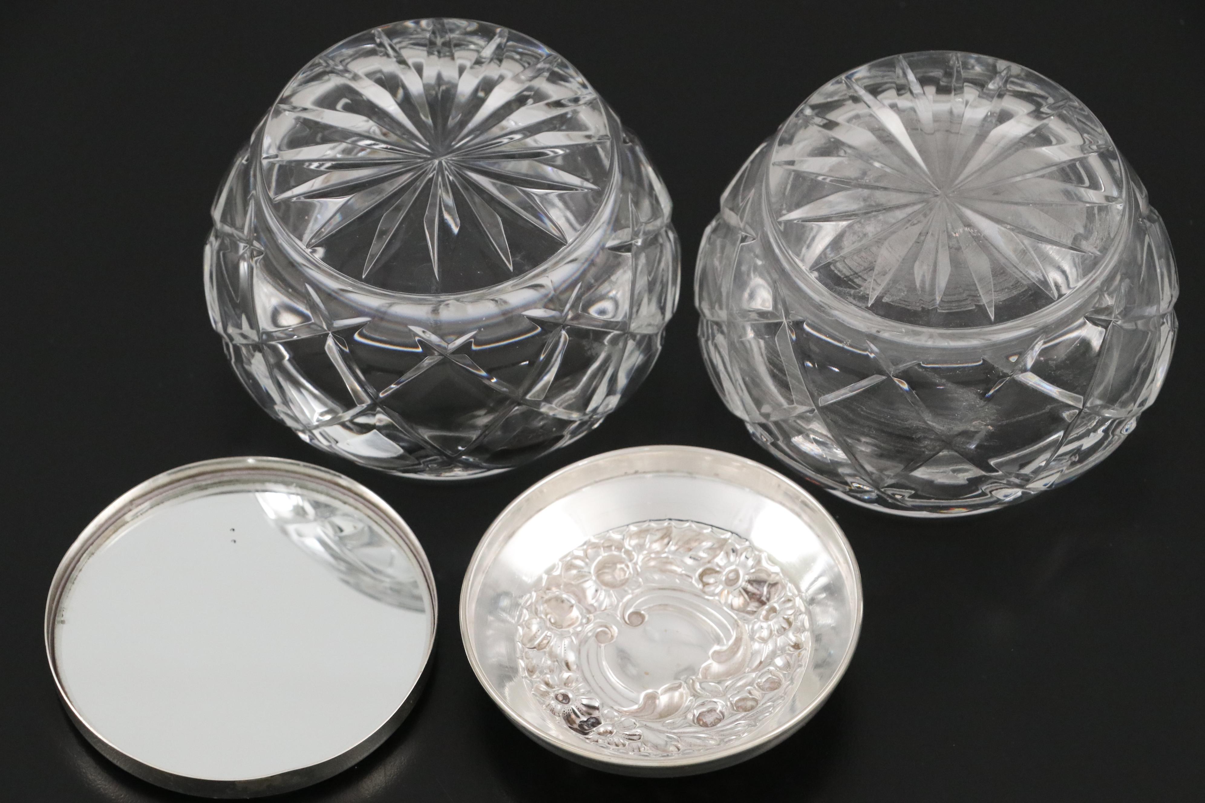 Gorham "Victorian" Sterling Hand Mirror, Brush, Comb, and Crystal Vanity Jars