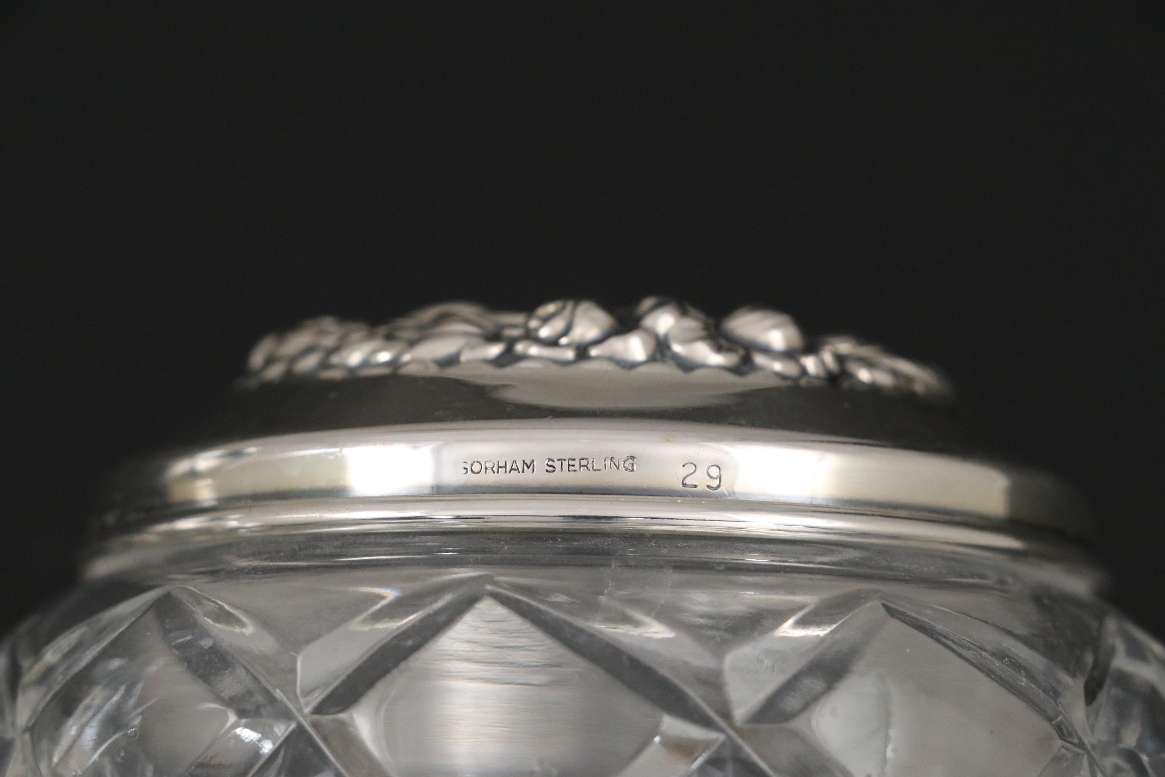 Gorham "Victorian" Sterling Hand Mirror, Brush, Comb, and Crystal Vanity Jars