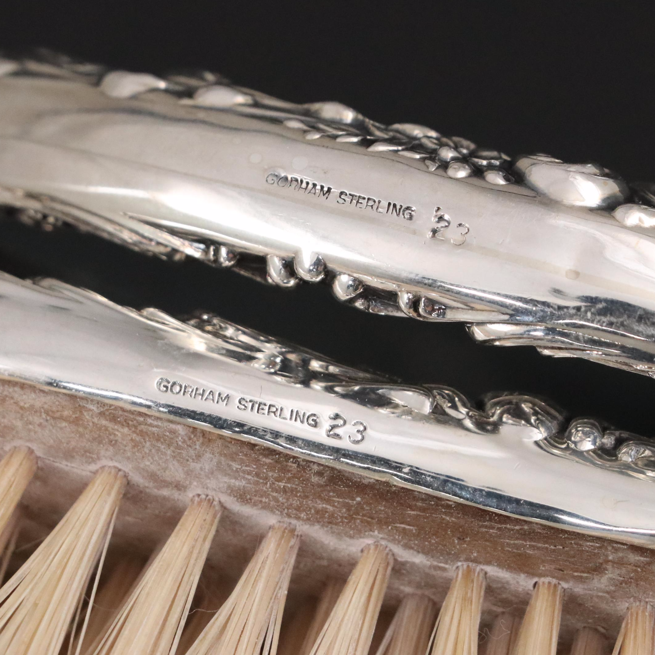 Gorham "Victorian" Sterling Hand Mirror, Brush, Comb, and Crystal Vanity Jars