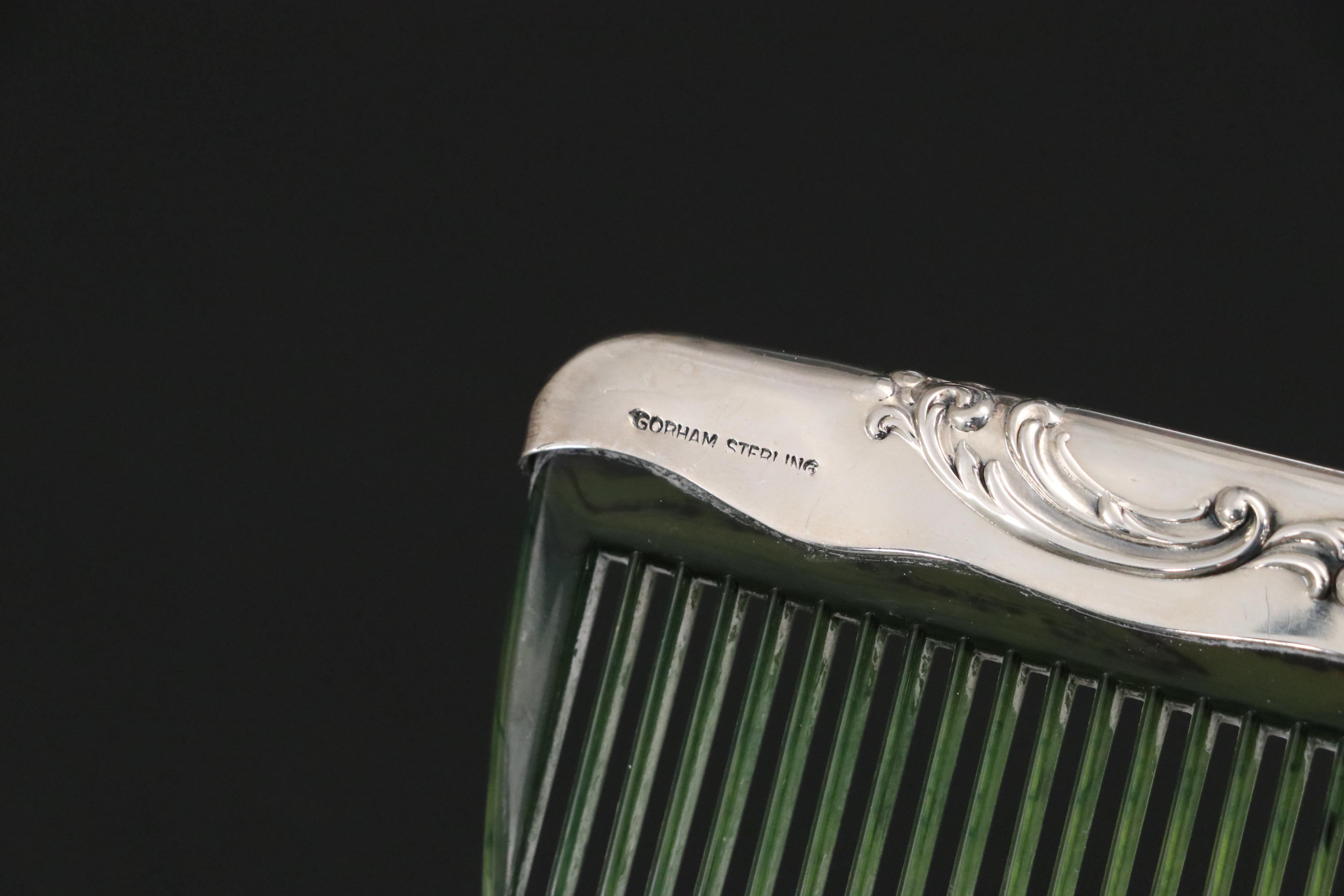 Gorham "Victorian" Sterling Hand Mirror, Brush, Comb, and Crystal Vanity Jars