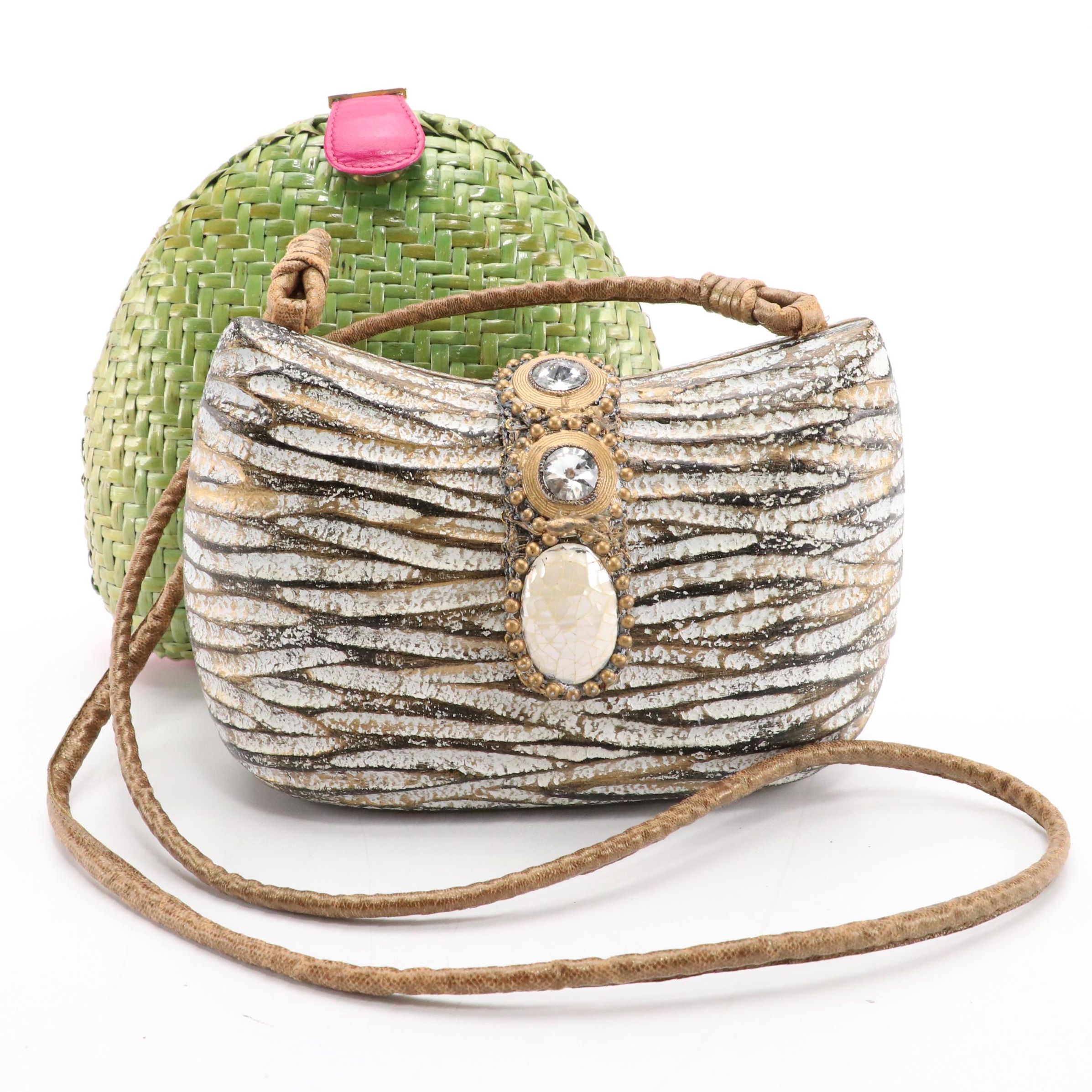 Timmy Woods Sculpted Hardshell and Rodo Woven Straw Convertible Crossbody Bags
