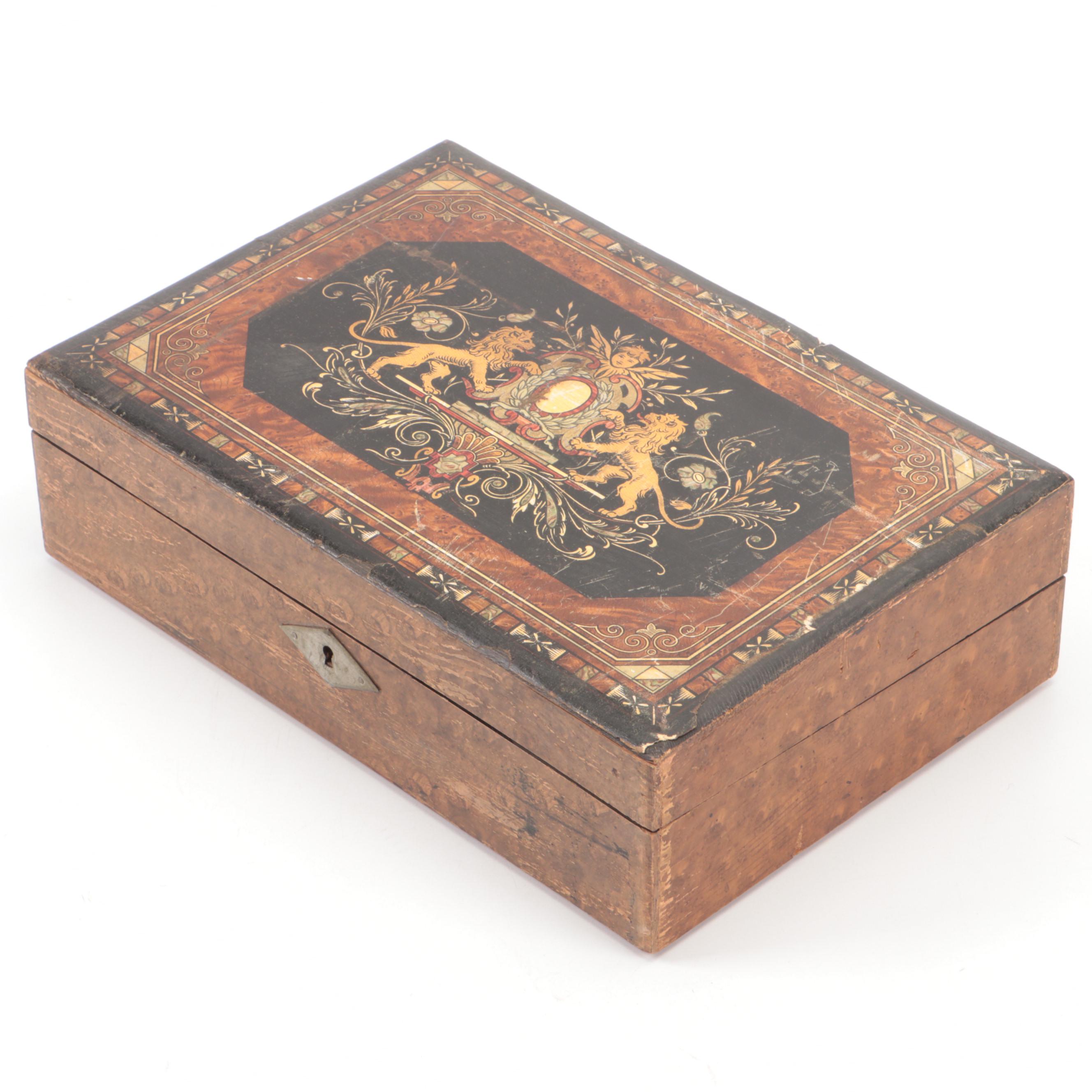 Victorian Lap Desk with Renaissance Style Printed Design on the Lid, 19th C