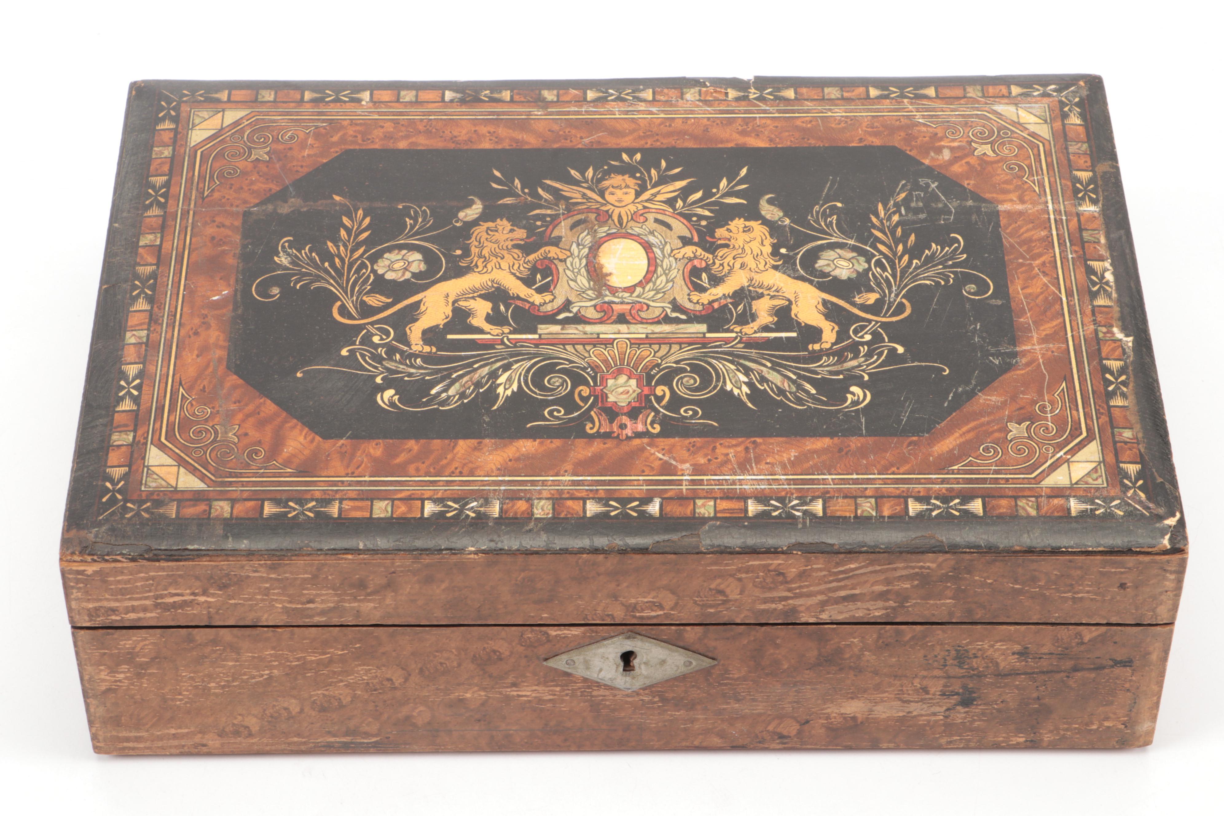 Victorian Lap Desk with Renaissance Style Printed Design on the Lid, 19th C