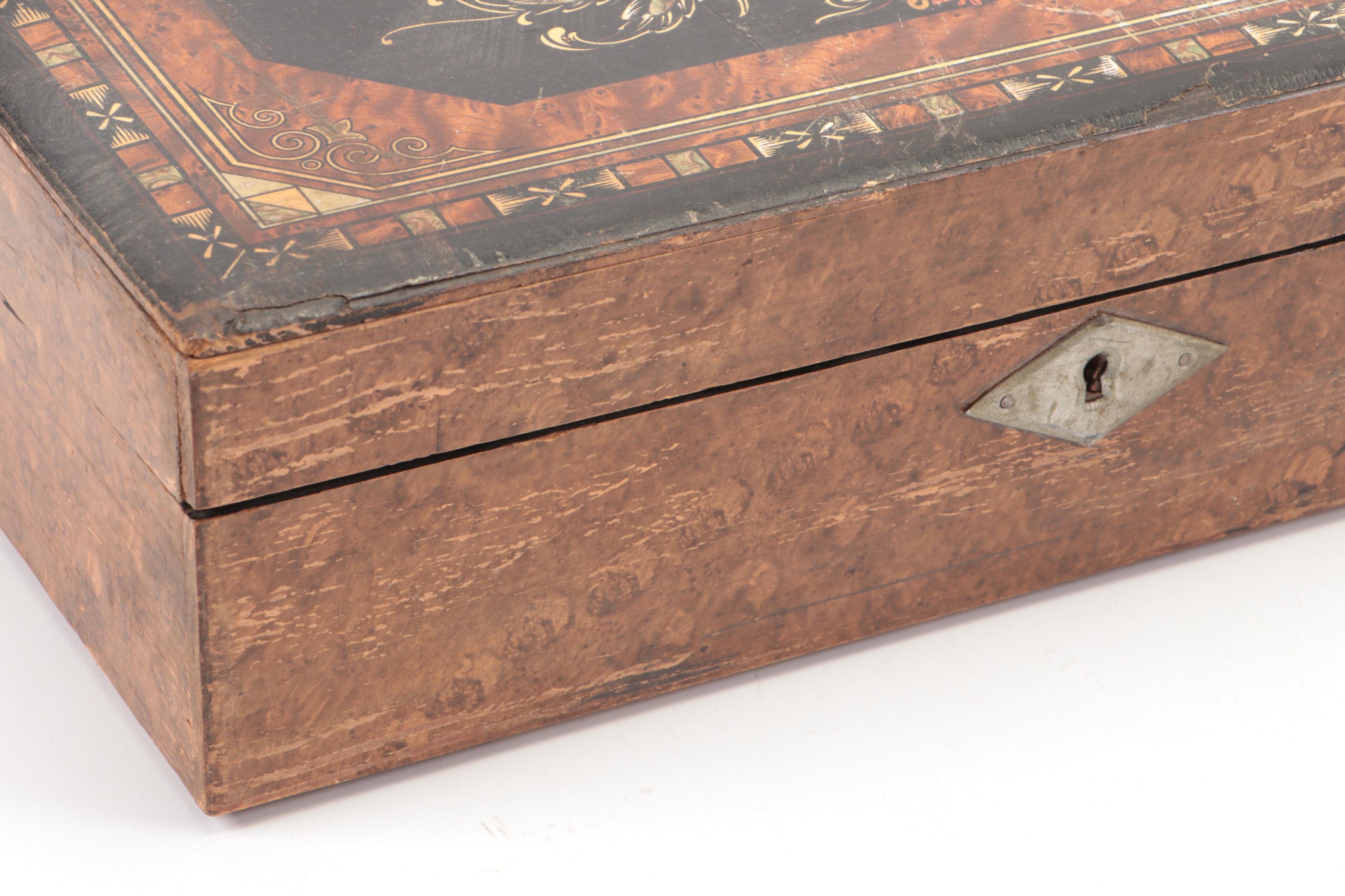 Victorian Lap Desk with Renaissance Style Printed Design on the Lid, 19th C
