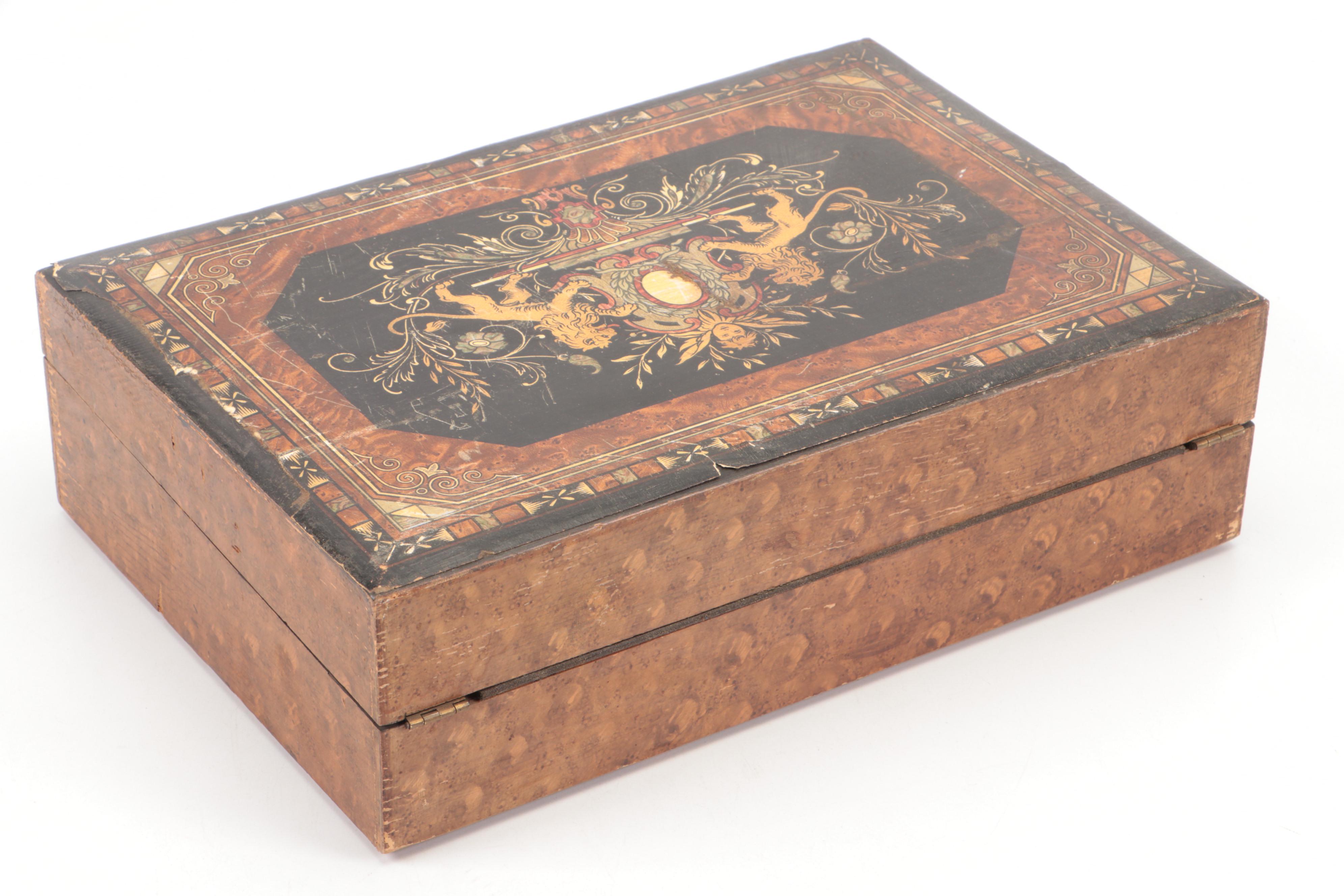 Victorian Lap Desk with Renaissance Style Printed Design on the Lid, 19th C