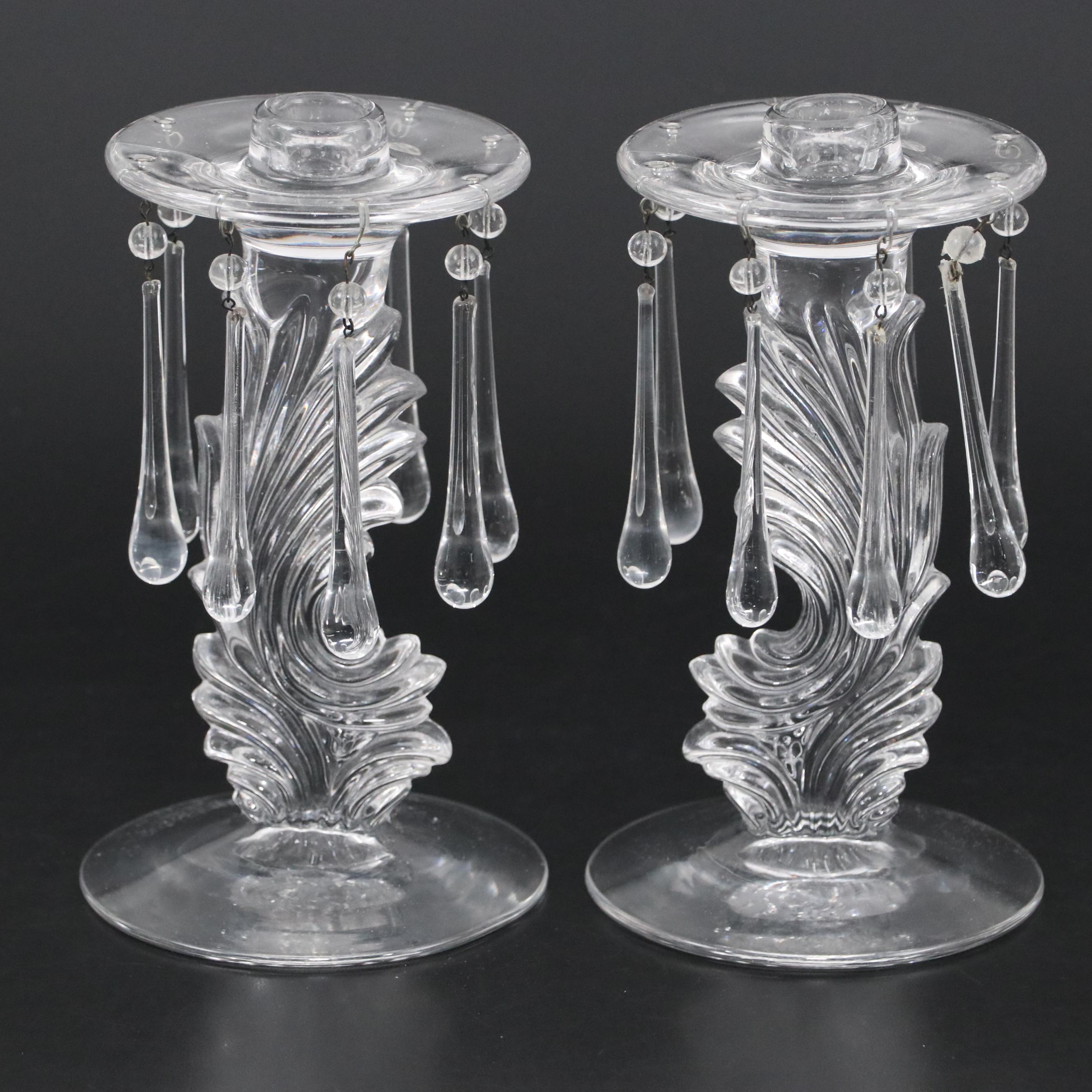 Pair of Fostoria Glass Candlesticks with Prisms, Early to Mid-20th Century
