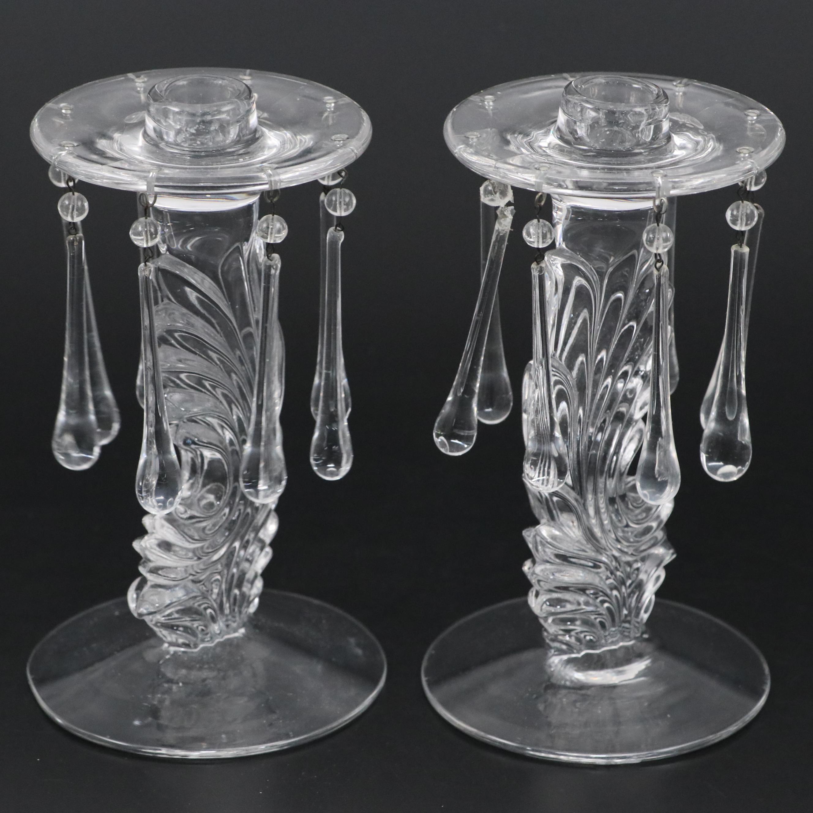Pair of Fostoria Glass Candlesticks with Prisms, Early to Mid-20th Century