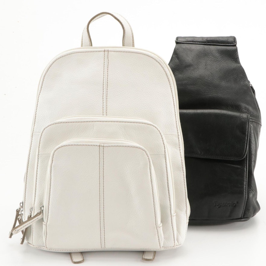 Tignanello Black Leather Sling Pack Bag and White Leather Small Backpack