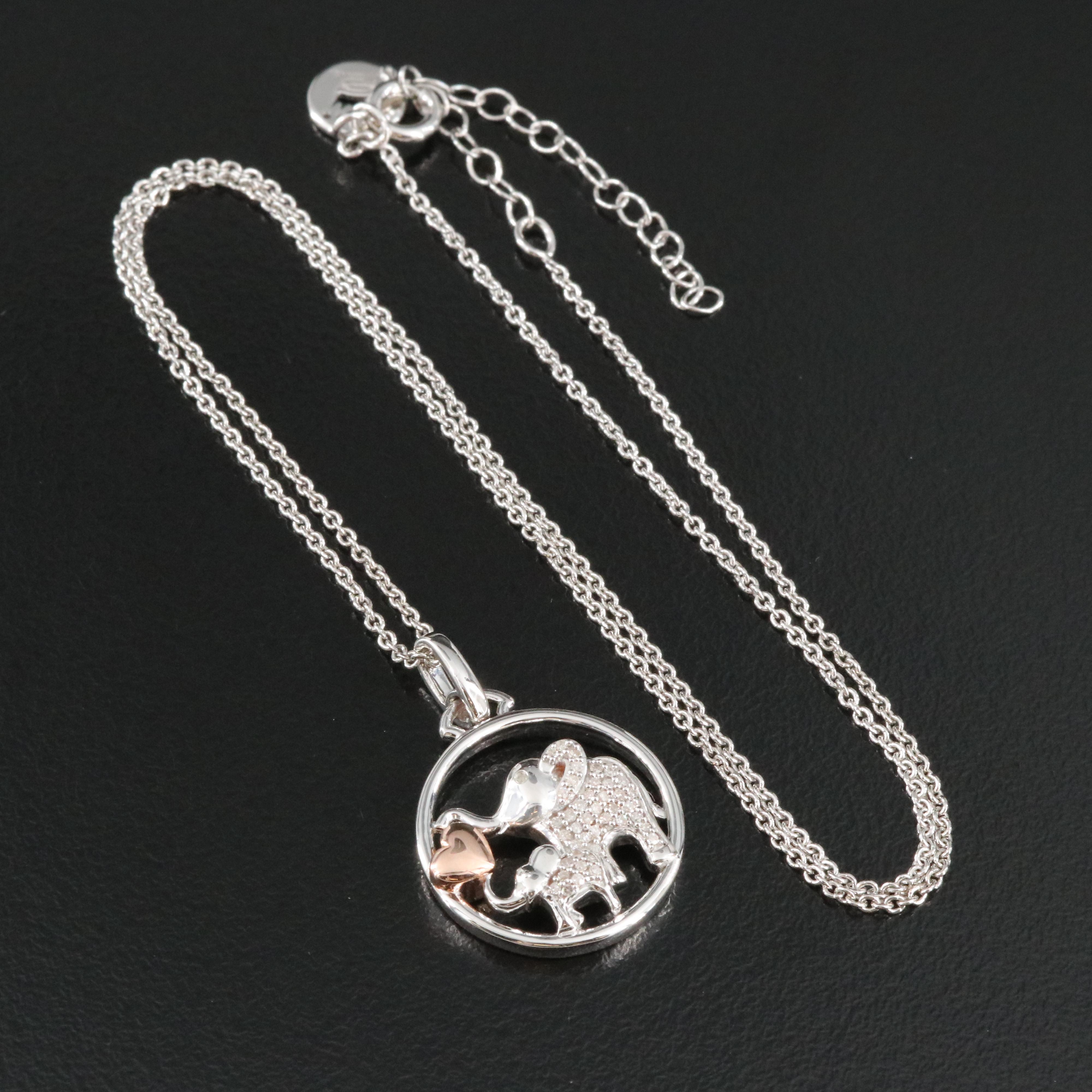 Hallmark Sterling Diamond Mother and Child Elephant Pendant Necklace