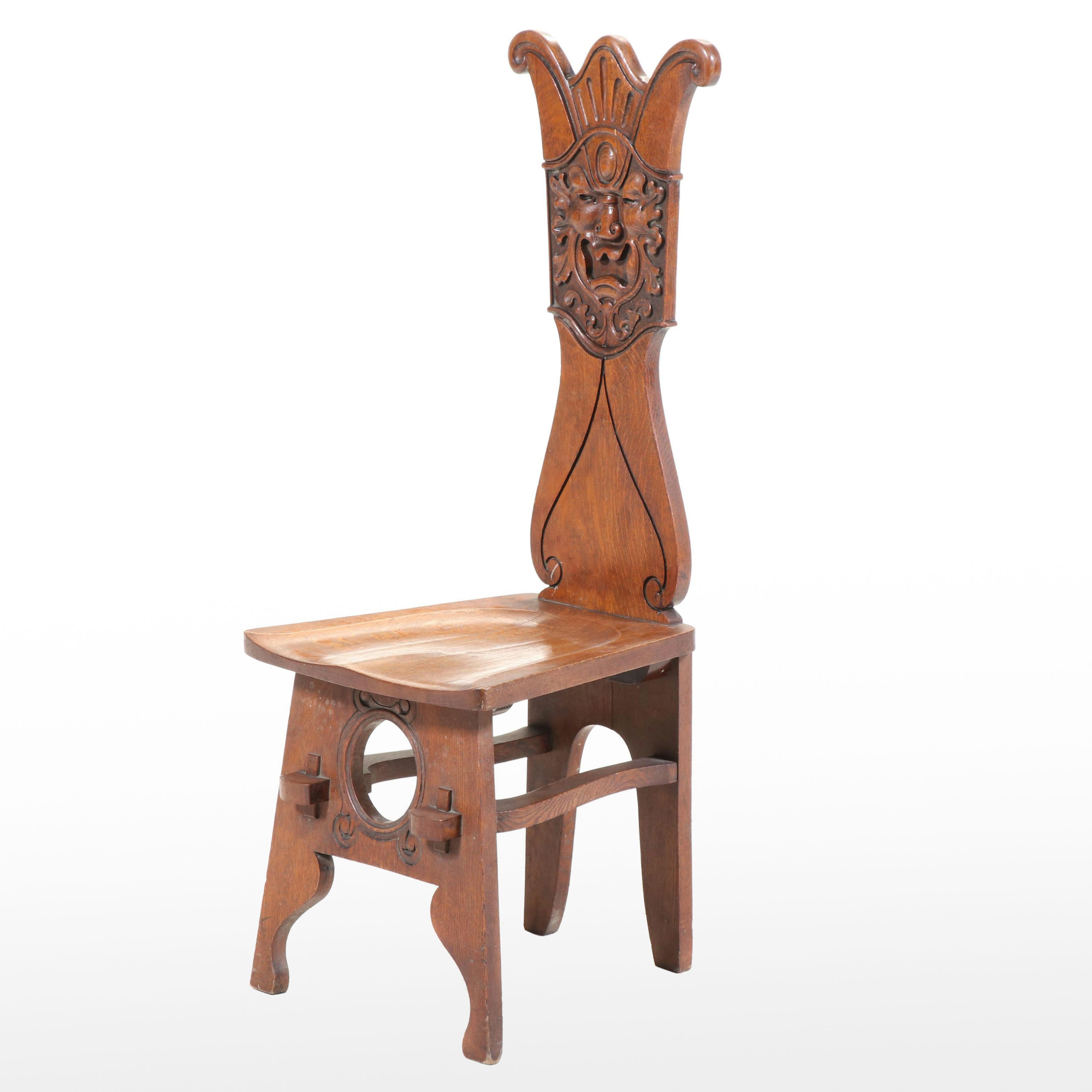 American Carved and Quartersawn Oak "Green Man" Hall Chair, Early 20th Century