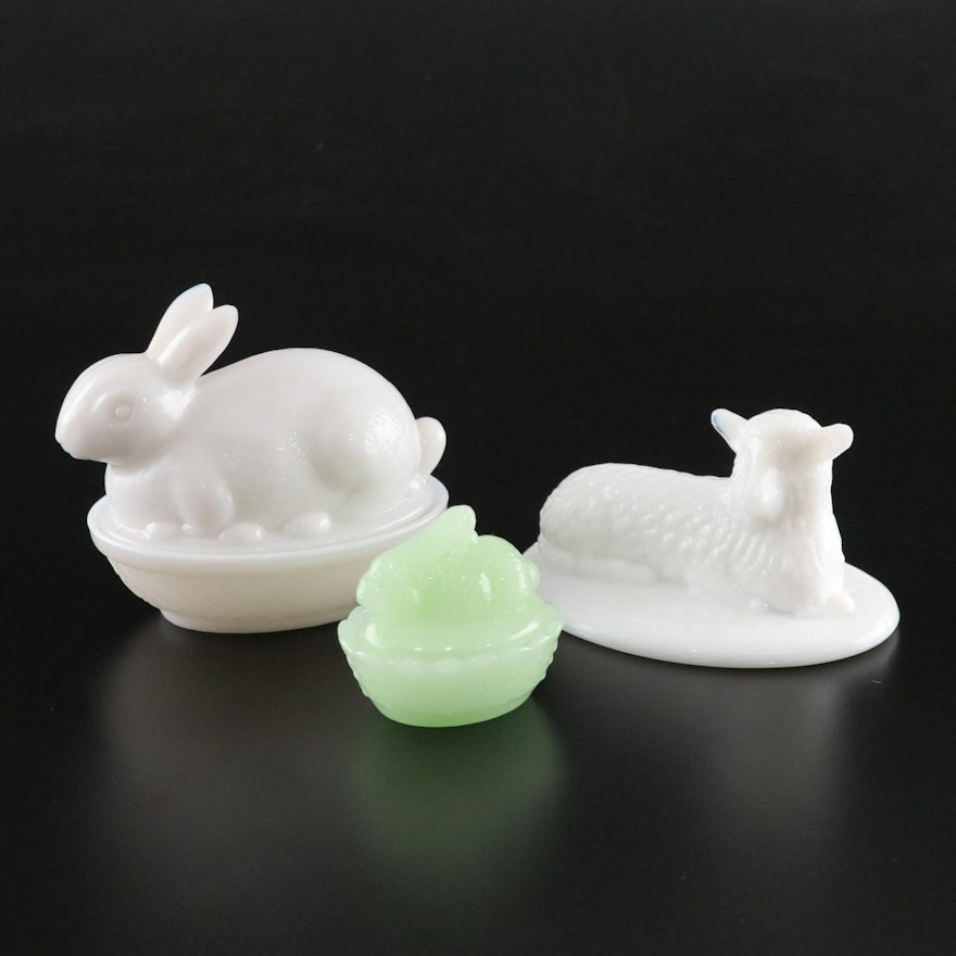 Milk Glass Rabbit on Basket, Lamb Lid, and Small Green Rabbit on Basket Boxes