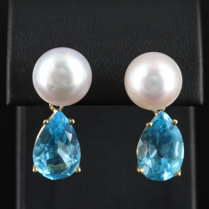 Pearl and 18K Swiss Blue Topaz Day and Night Earrings