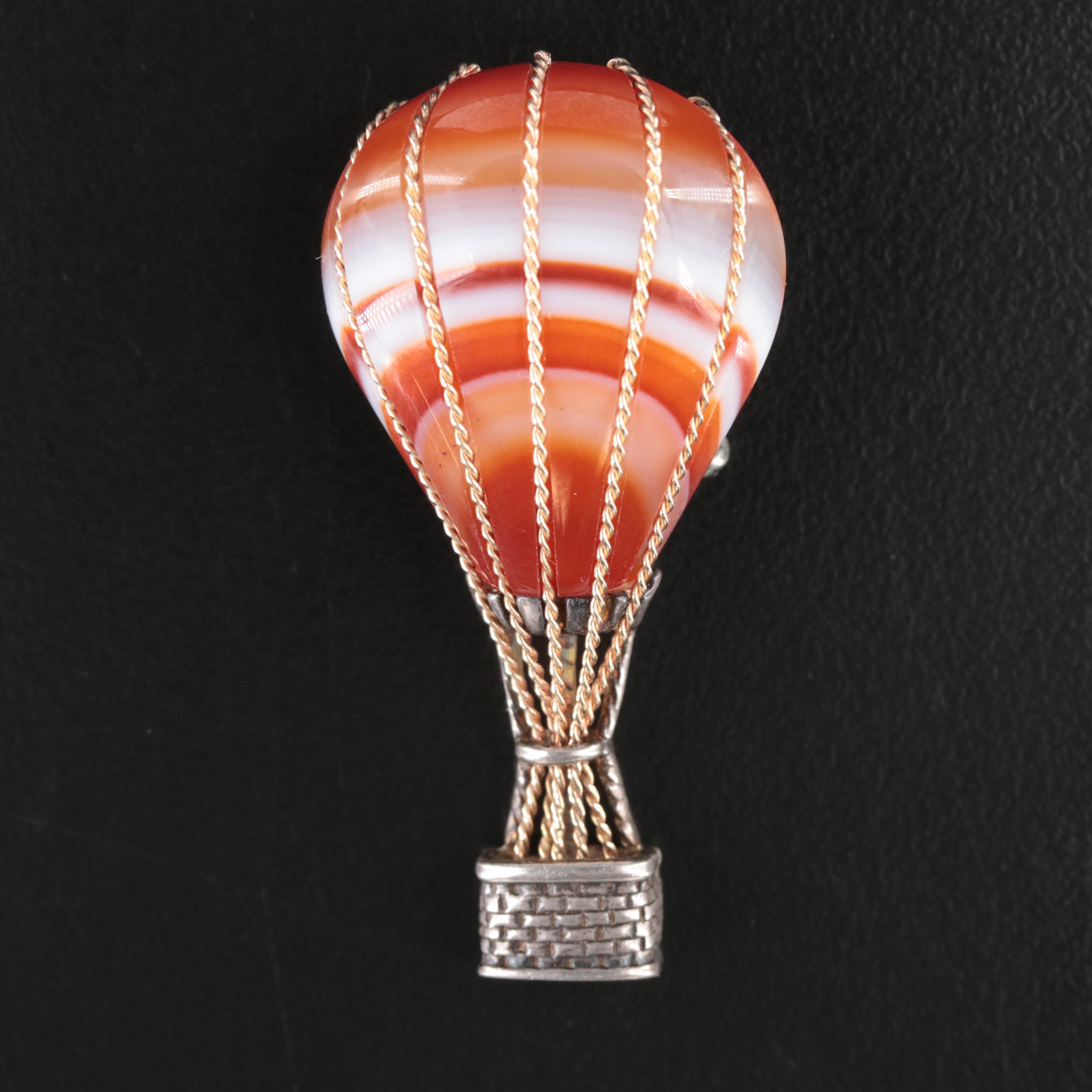 Vintage W.E. Richards Sterling Agate Hot Air Balloon Brooch with 14K Detail