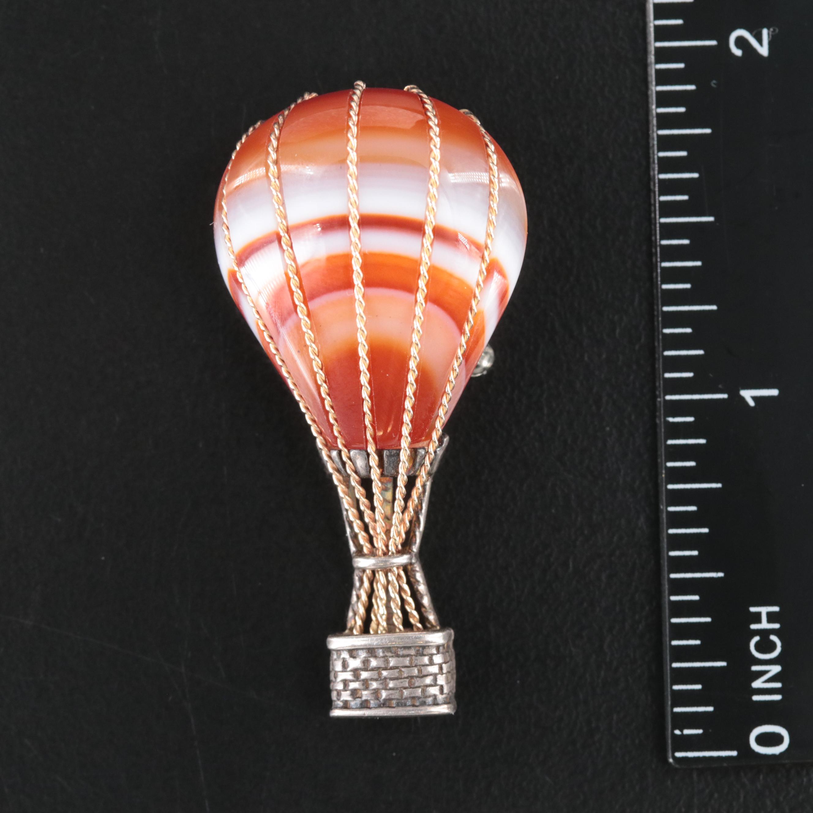 Vintage W.E. Richards Sterling Agate Hot Air Balloon Brooch with 14K Detail