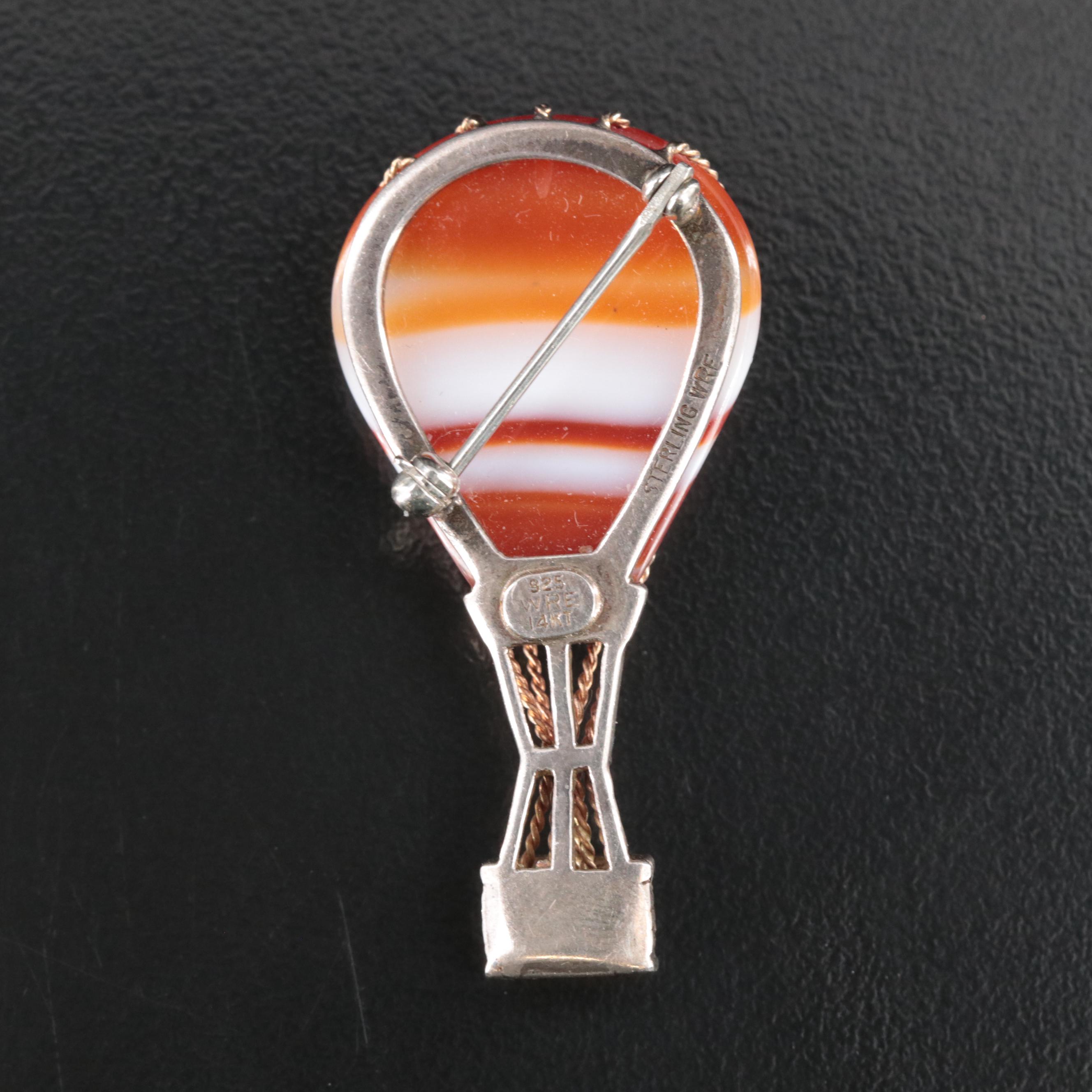 Vintage W.E. Richards Sterling Agate Hot Air Balloon Brooch with 14K Detail