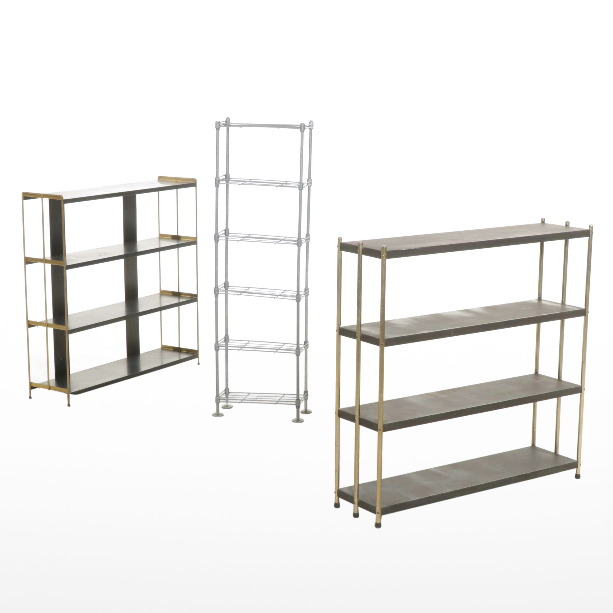 Two Modernist Black and Brassed Metal Bookshelves with Wire Étagère