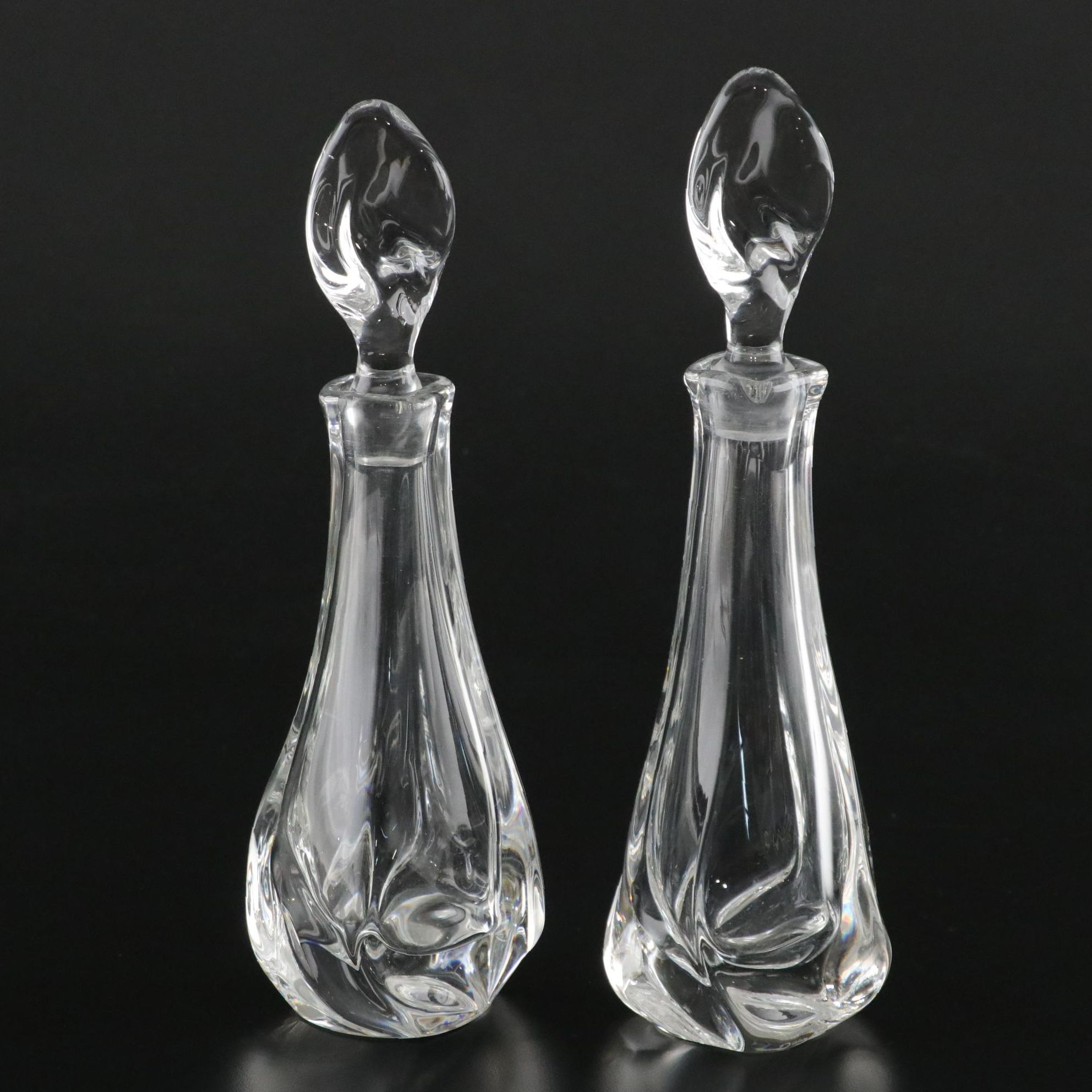 Daum France Crystal Decanter Pair Features Flame Motif Stoppers & Twisted Bases