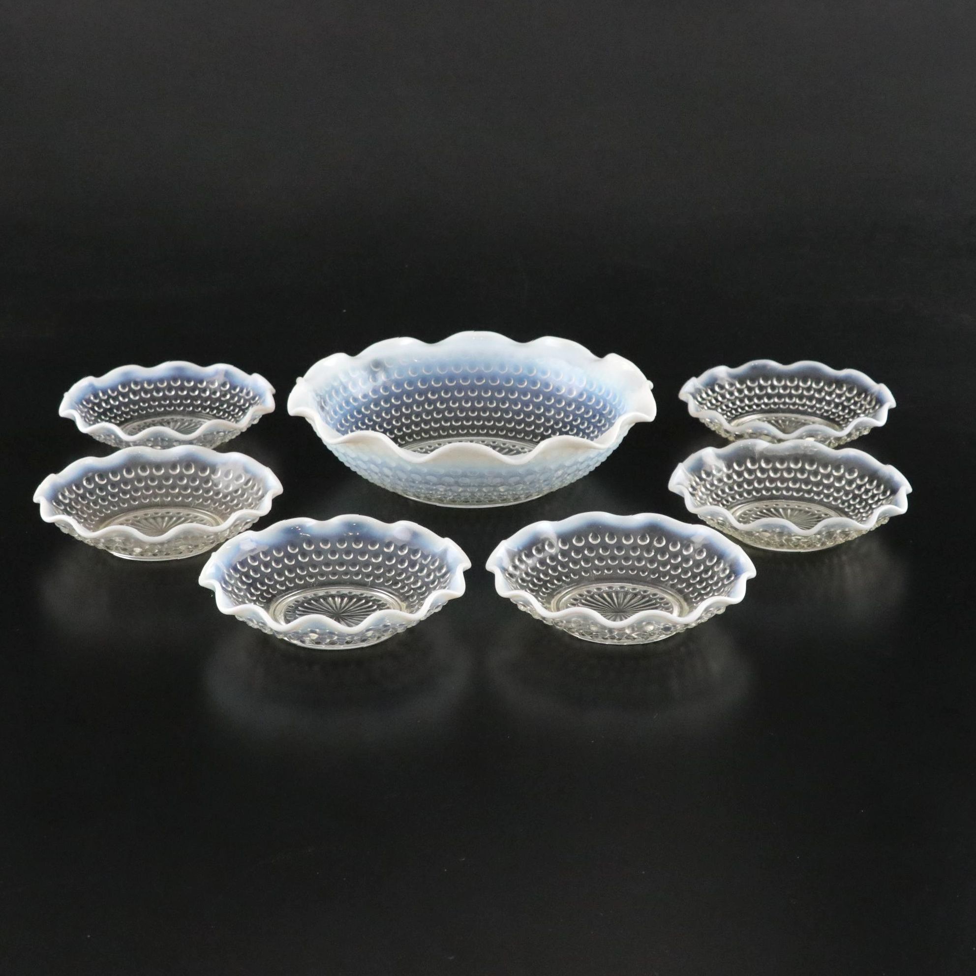 Anchor Hocking Opalescent "Moonstone Hobnail" Seven-Piece Fluted Berry Bowl Set