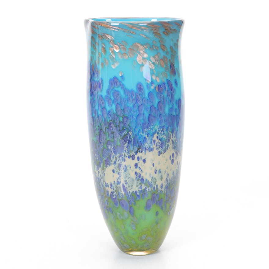 Impressionist Styled Blue and Green Tall Art Glass Vase Signed "S"