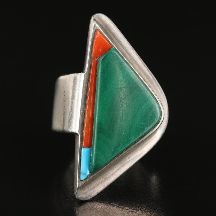 Sterling Malachite, Spiny Oyster and Turquoise Inlay Ring