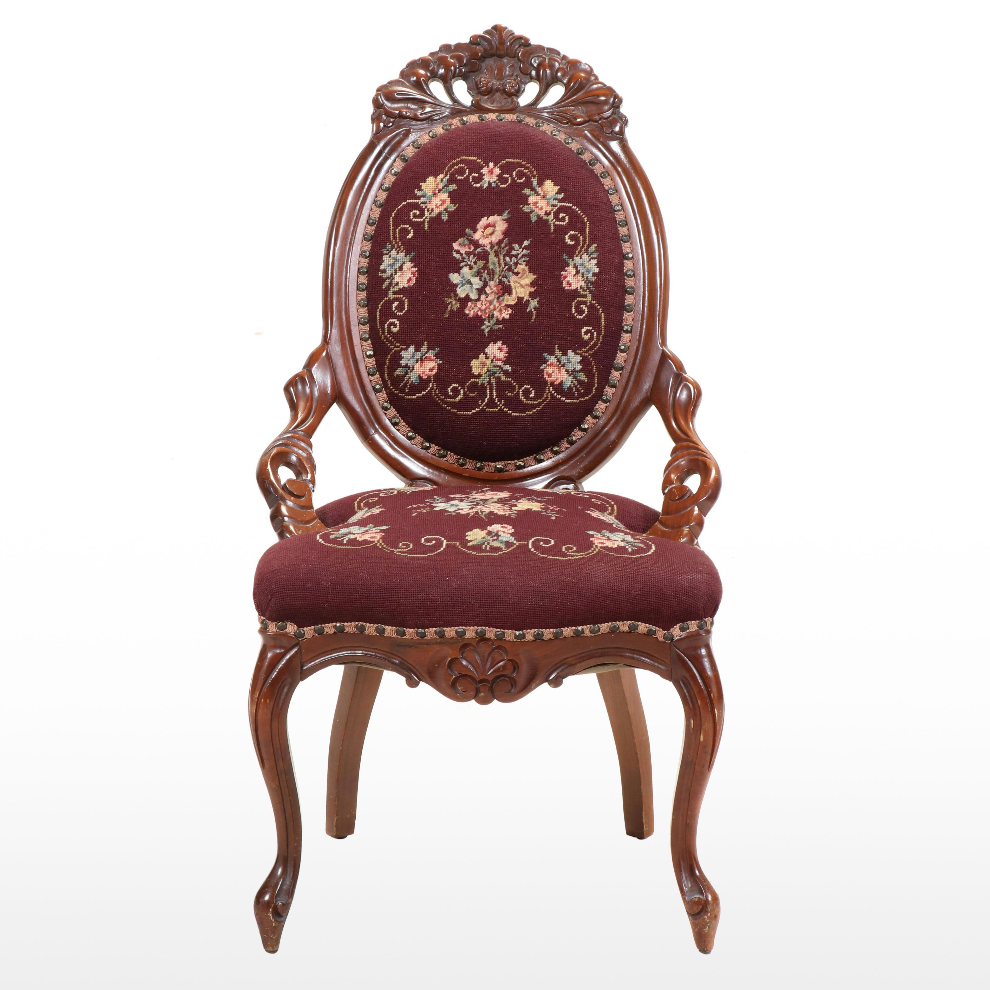 Rococo Revival Style Carved Walnut and Needlepoint Parlor Chair