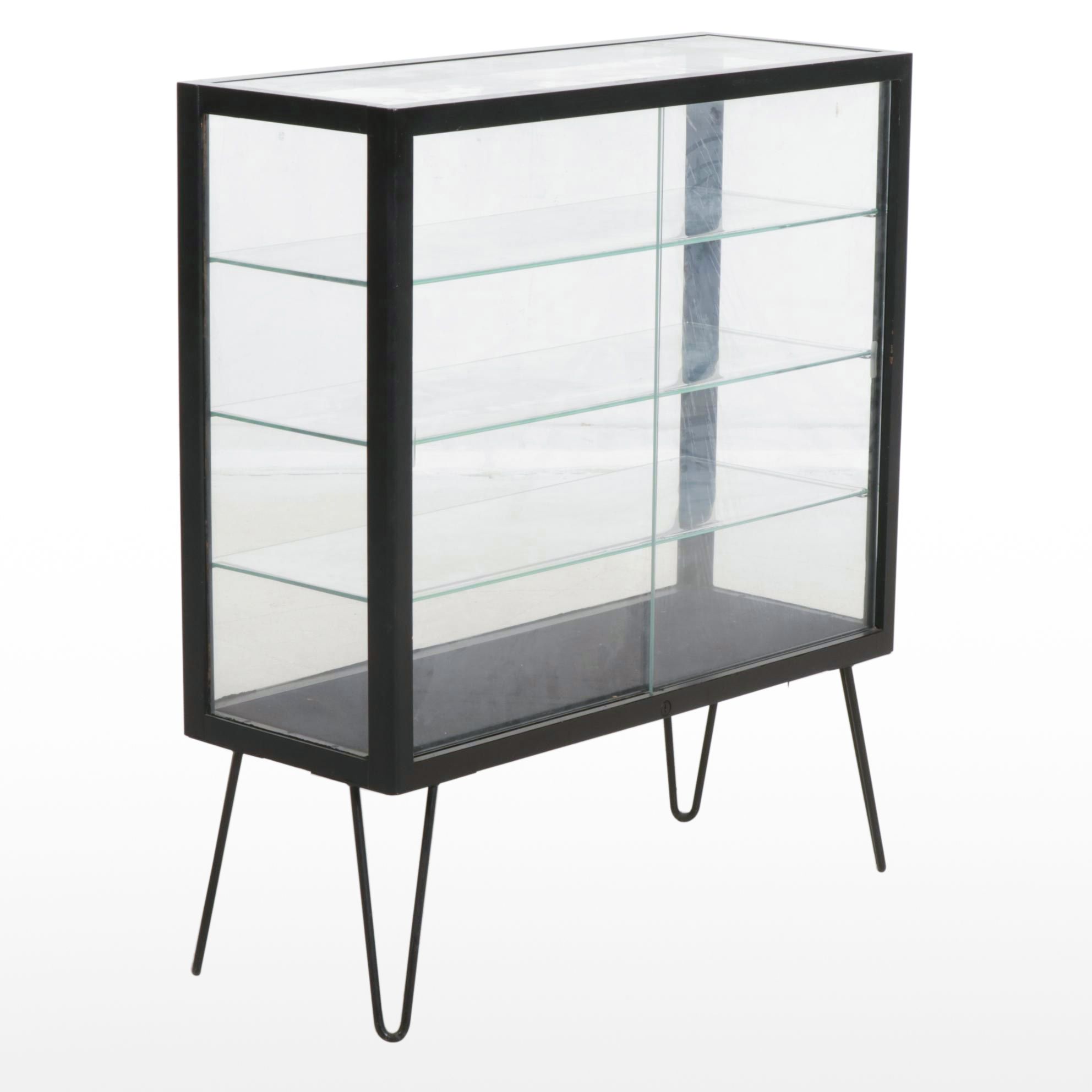 Mid Century Modern Ebonized Wood and Glass Display Case with Hairpin Legs