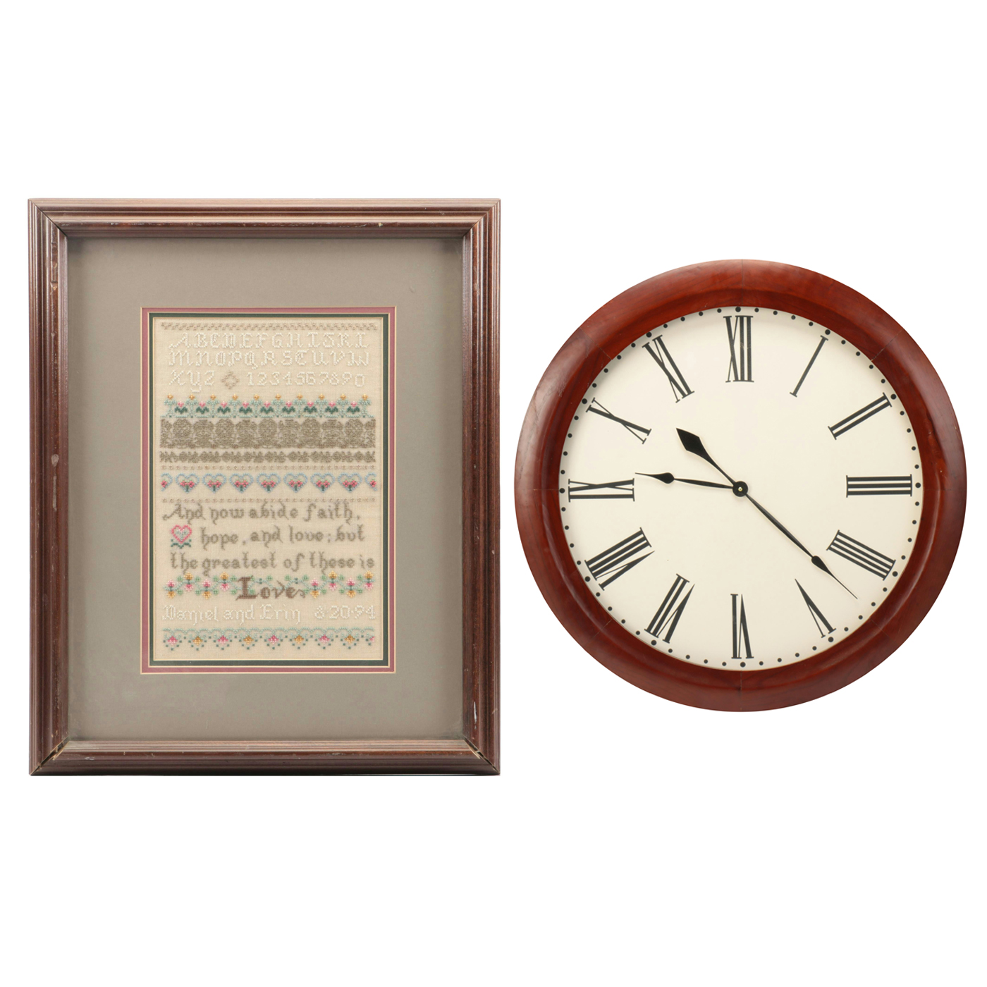 Handmade Cross-Stitch Sampler with Wall Clock