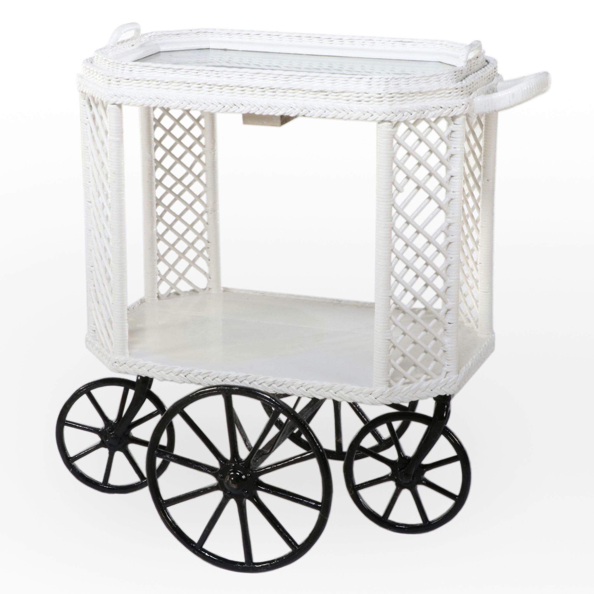 White-Painted Wicker Tray-Top Drinks Trolley