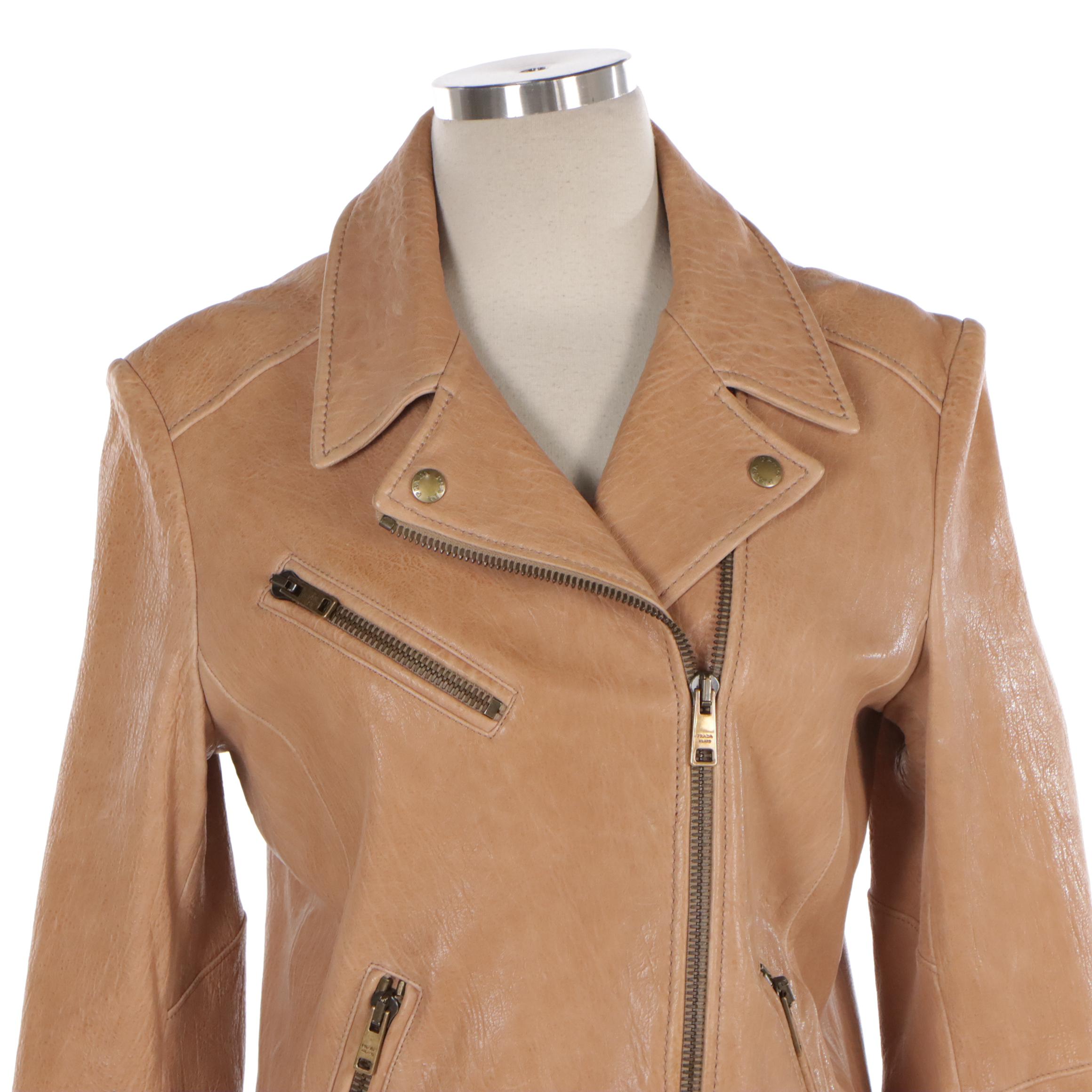 Prada Biker Jacket in Light Brown Lambskin Leather
