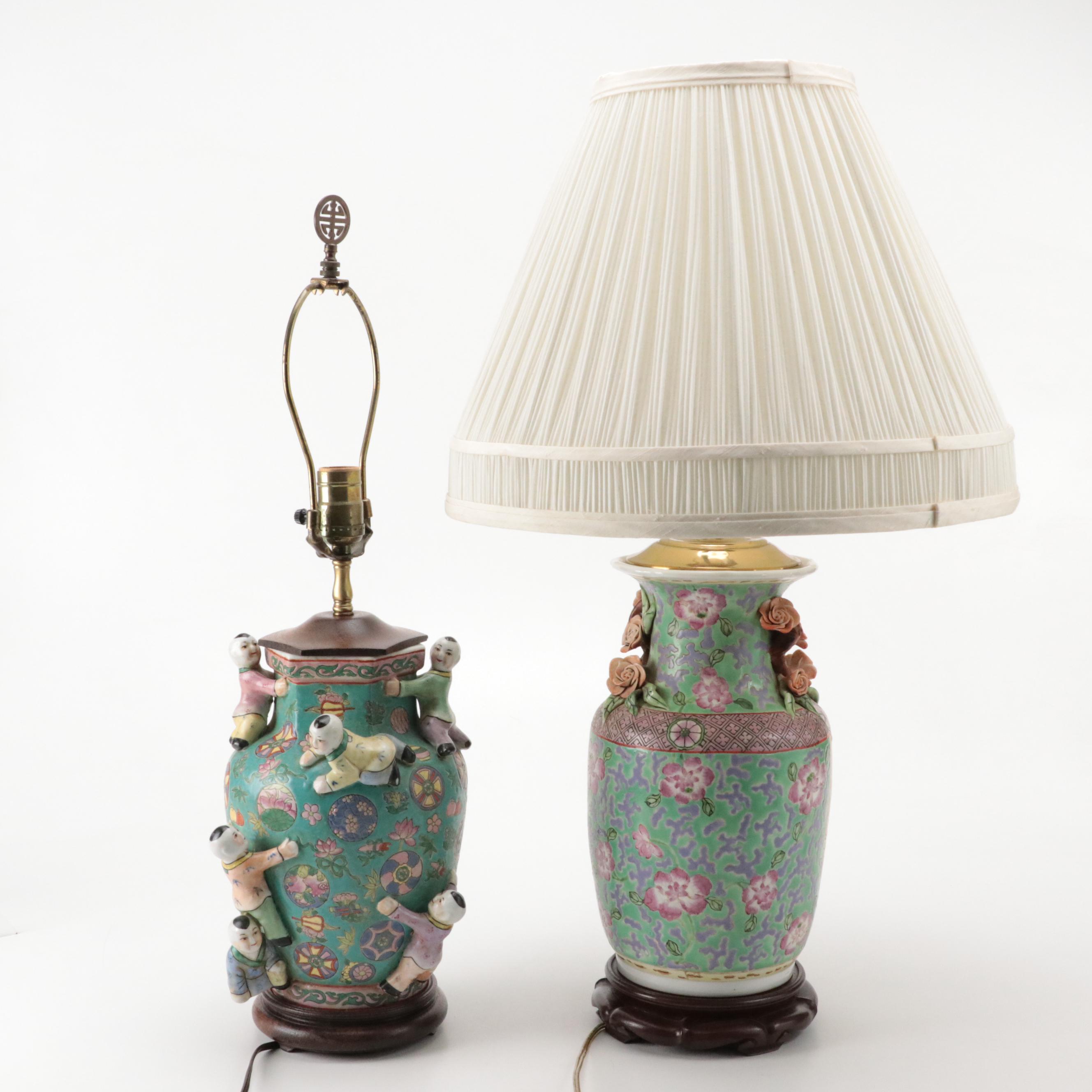Chinese Porcelain Vase Table Lamps with Applied Decorations