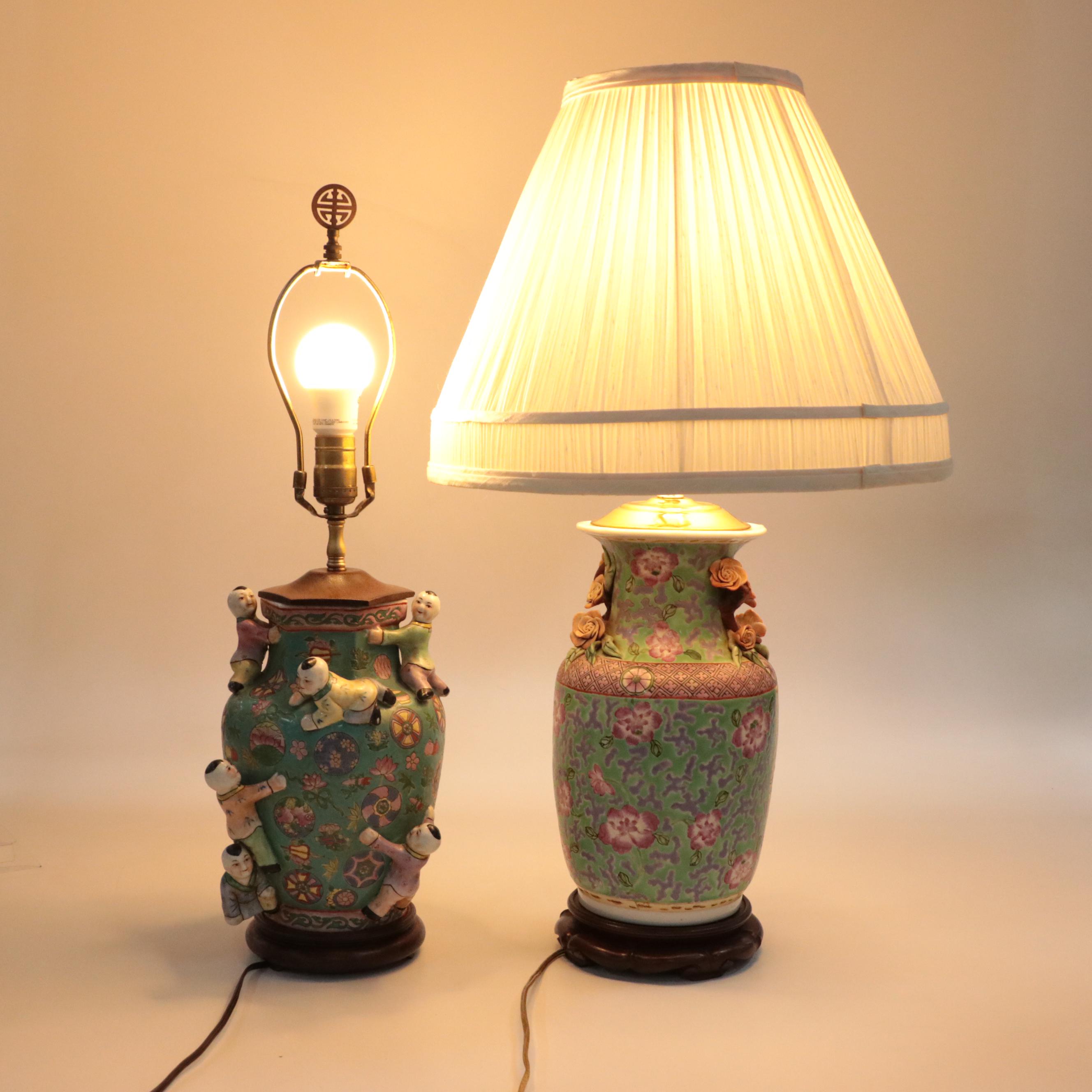 Chinese Porcelain Vase Table Lamps with Applied Decorations