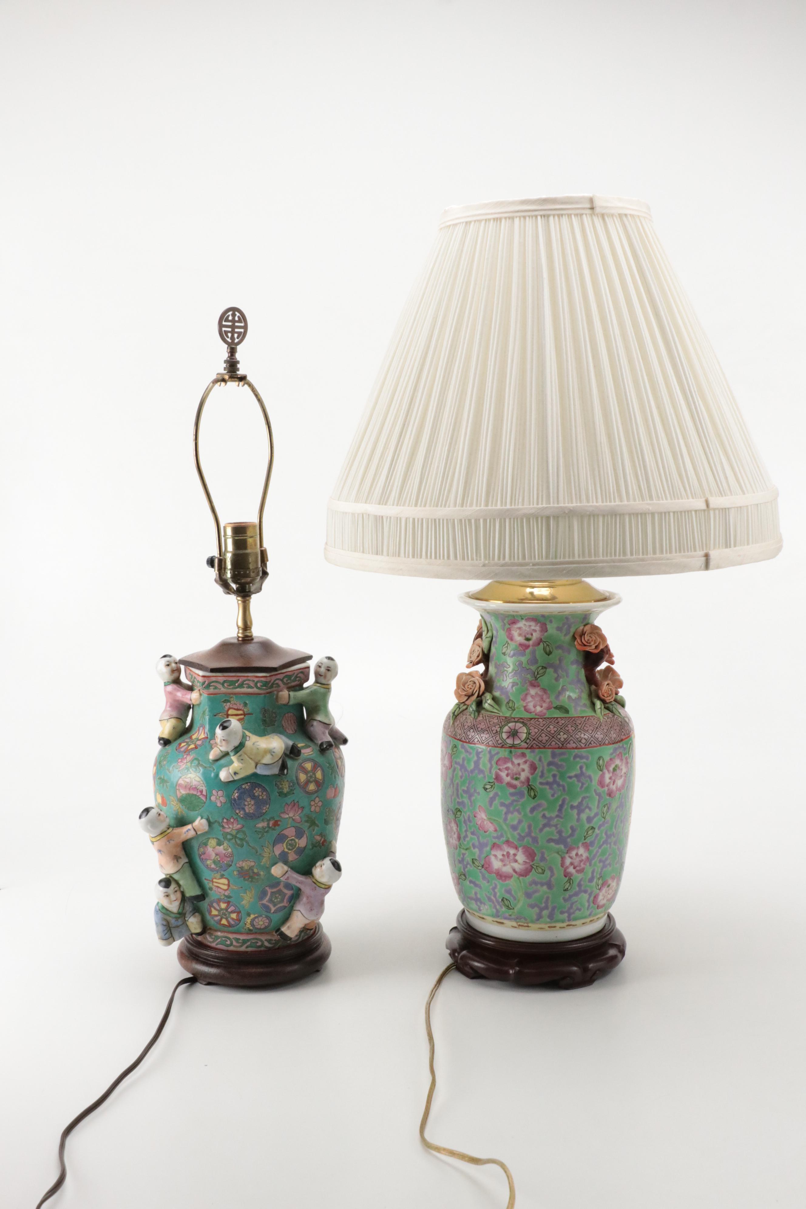 Chinese Porcelain Vase Table Lamps with Applied Decorations