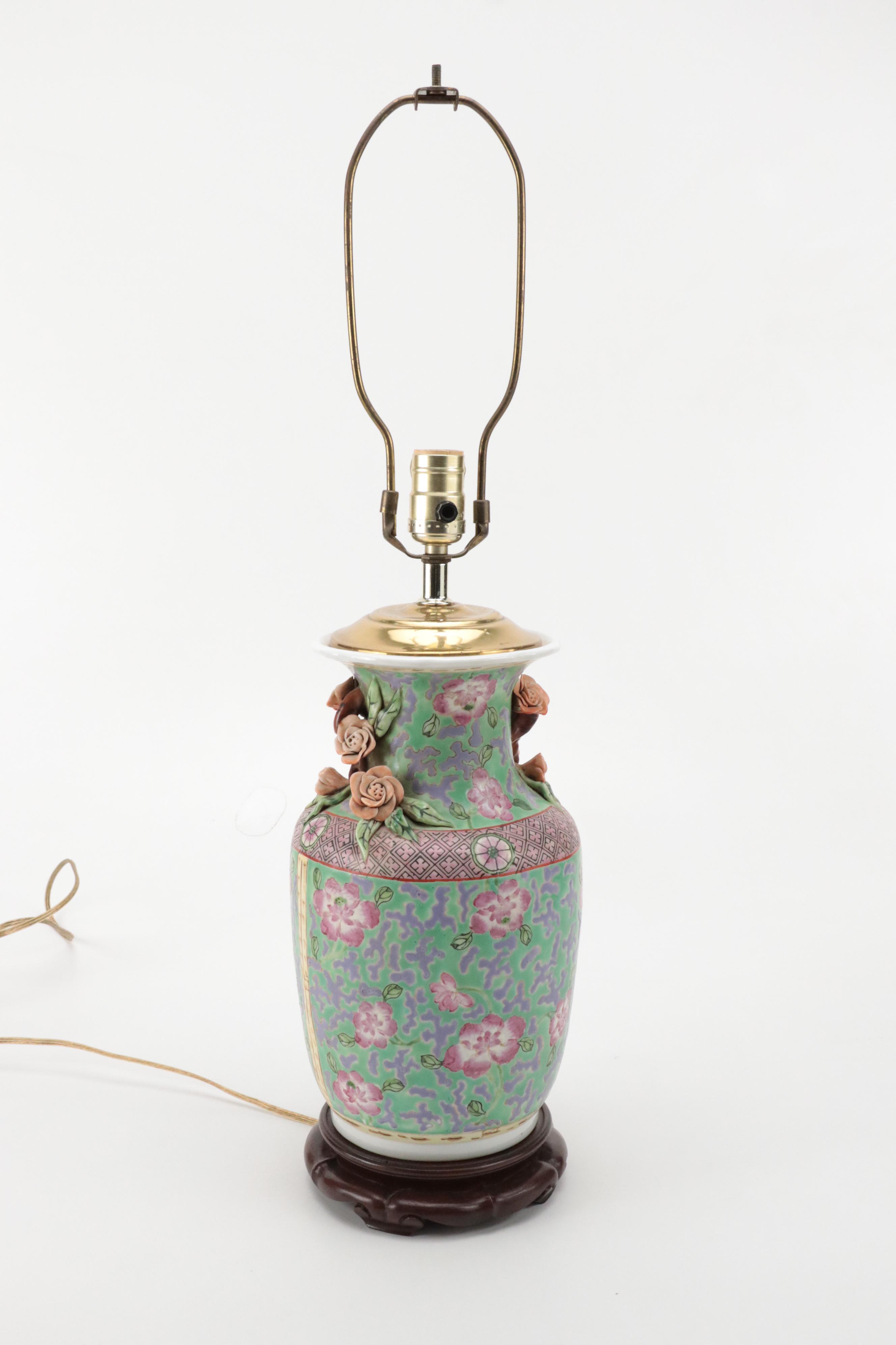 Chinese Porcelain Vase Table Lamps with Applied Decorations