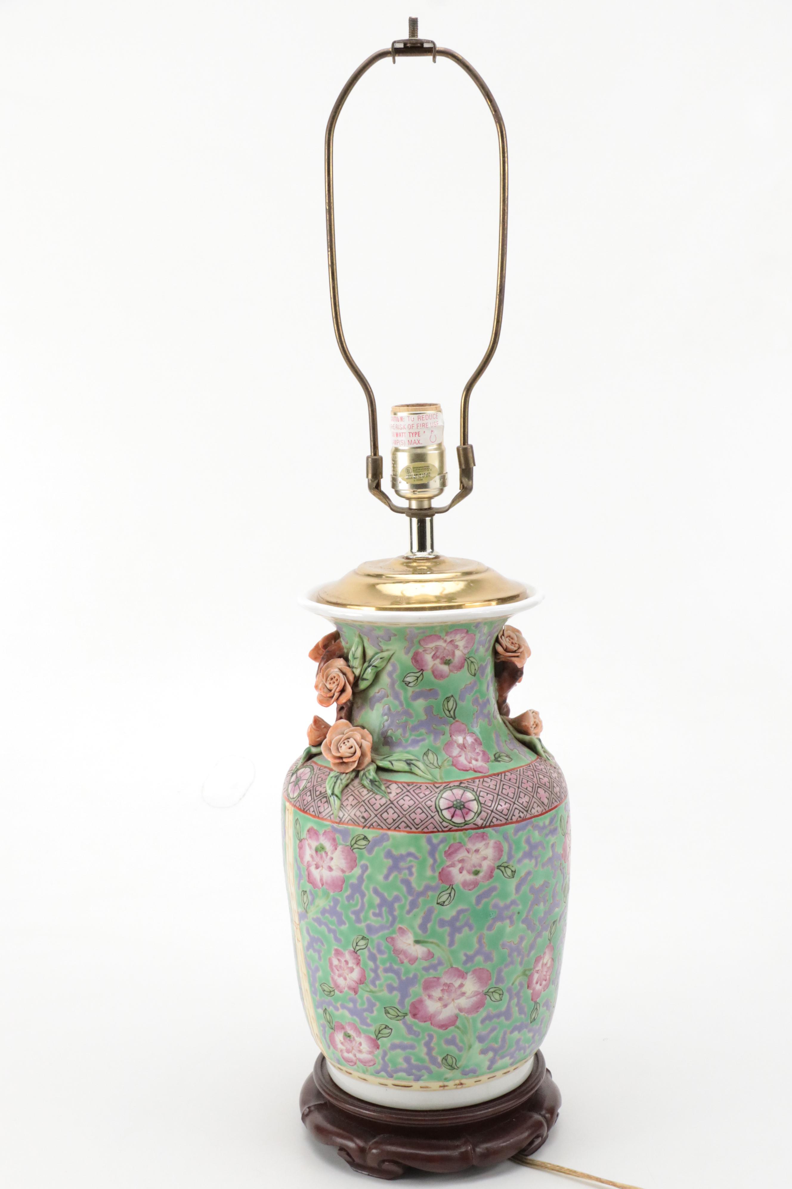 Chinese Porcelain Vase Table Lamps with Applied Decorations